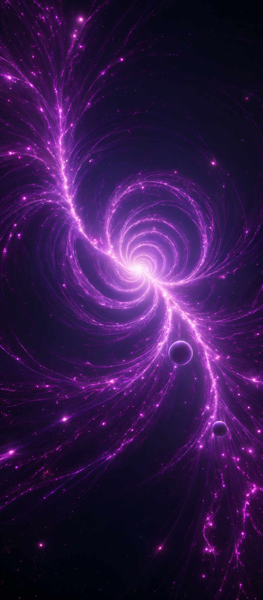 The image showcases a mesmerizing cosmic scene with swirling patterns of vibrant purple and pink nebulas. At the center, there's a bright white light, possibly representing a star or a supernova. Surrounding this central light are numerous smaller white dots, which could be distant stars or other celestial bodies. The nebulous patterns radiate outwards, creating an almost vortex-like effect, and the overall ambiance is one of wonder and mystery.