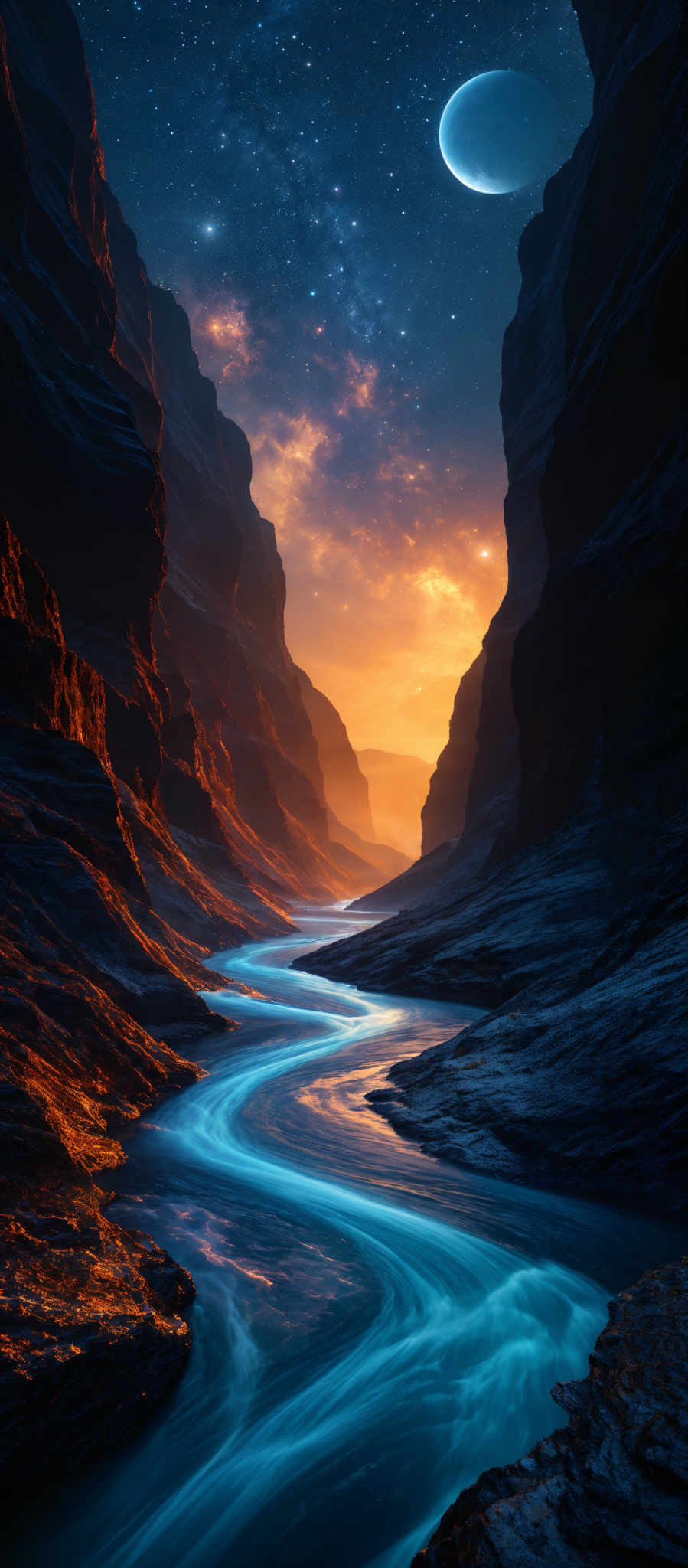 The image showcases a breathtaking landscape of a canyon with towering rock formations on either side. A winding river flows through the canyons, reflecting a vibrant blue hue. Above, the sky is a mix of deep blues and fiery oranges, dotted with stars and a large, crescent-shaped moon. The overall ambiance is both serene and awe-inspiring, with the contrasting colors creating a sense of depth and wonder.