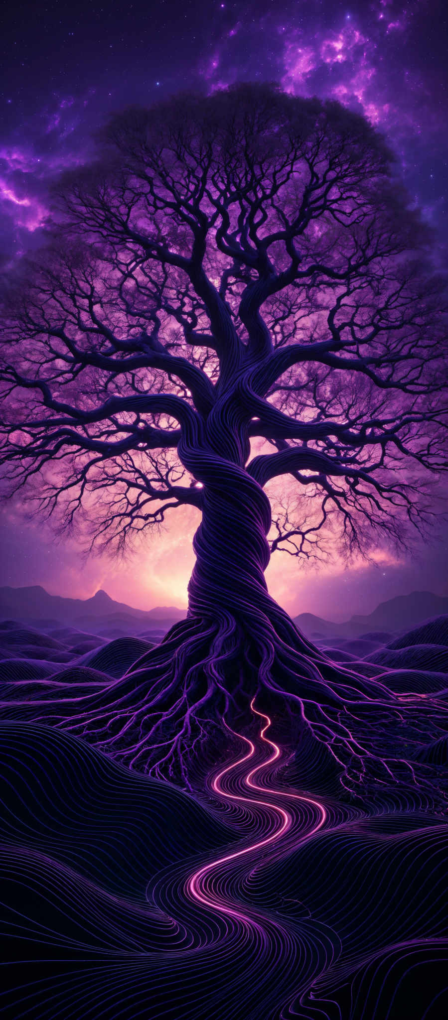 The image showcases a large, intricately twisted tree with sprawling branches. The tree is set against a backdrop of a vibrant purple sky, dotted with stars. The ground is adorned with wavy, illuminated patterns that resemble flowing rivers or streams, emitting a soft glow. The overall color palette is dominated by shades of purple, with hints of gold and white from the stars.