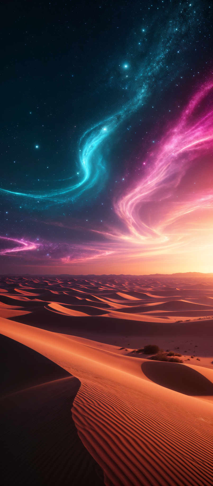 The image showcases a vast desert landscape with undulating sand dunes. The sky above is a breathtaking display of vibrant colors, transitioning from deep blues and purples to fiery oranges and reds. There are swirling patterns of nebulae and stars, creating a mesmerizing contrast with the serene desert below.