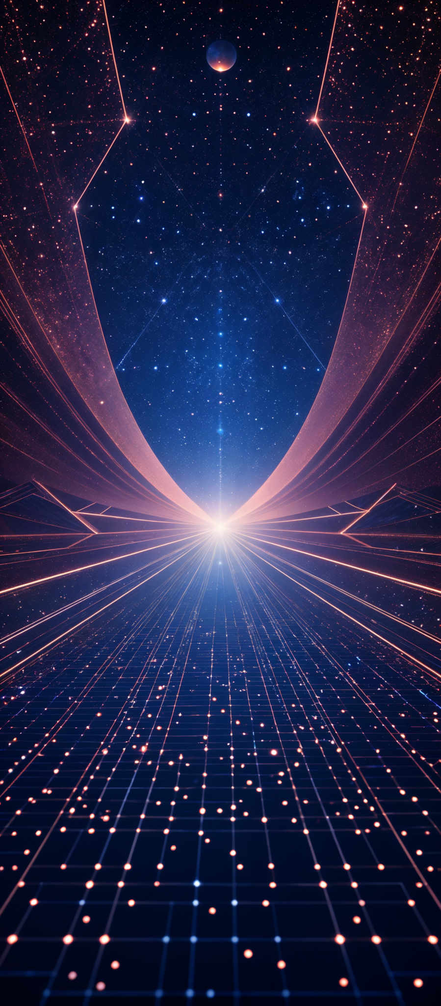 The image showcases a vibrant cosmic scene with a deep blue background filled with stars. Dominating the center is a radiant white light source, possibly a star or a sun, which emanates a bright glow. This light source is surrounded by a series of concentric, geometric patterns that appear to be made of a shimmering, golden material. These patterns create a sense of depth and perspective, leading the viewer's eye towards the center. The floor of the image is covered with a grid of small, glowing dots, which seem to be floating in the vastness of space. Above the grid, there's a large, translucent, orange-red arch that frames the