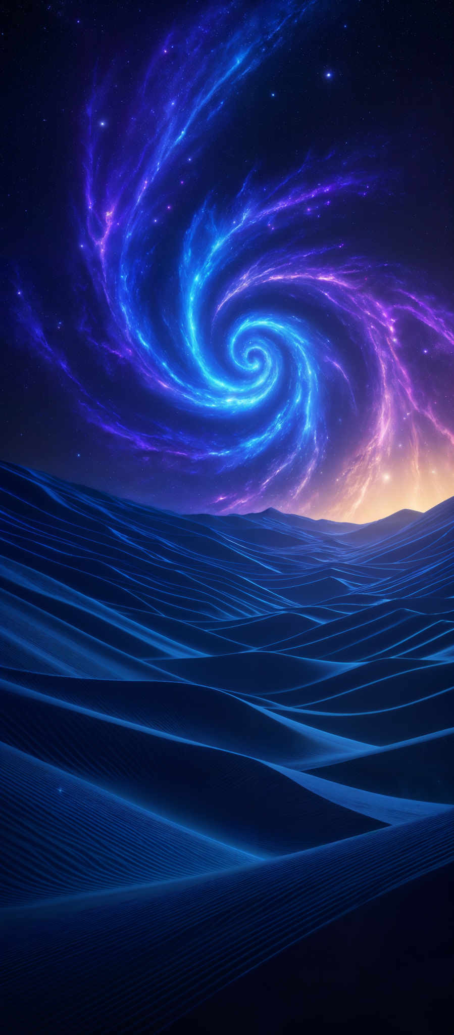 The image showcases a mesmerizing cosmic scene with a swirling galaxy emitting vibrant hues of blue, purple, and pink. The galaxy's spiral arms are beautifully intertwined, creating a dynamic and captivating visual. Below the galaxy, there's a vast expanse of what appears to be a desert landscape with smooth, undulating sand dunes. The dunes are illuminated by a soft, ambient light, possibly from a distant star or sun, casting a serene glow over the scene.