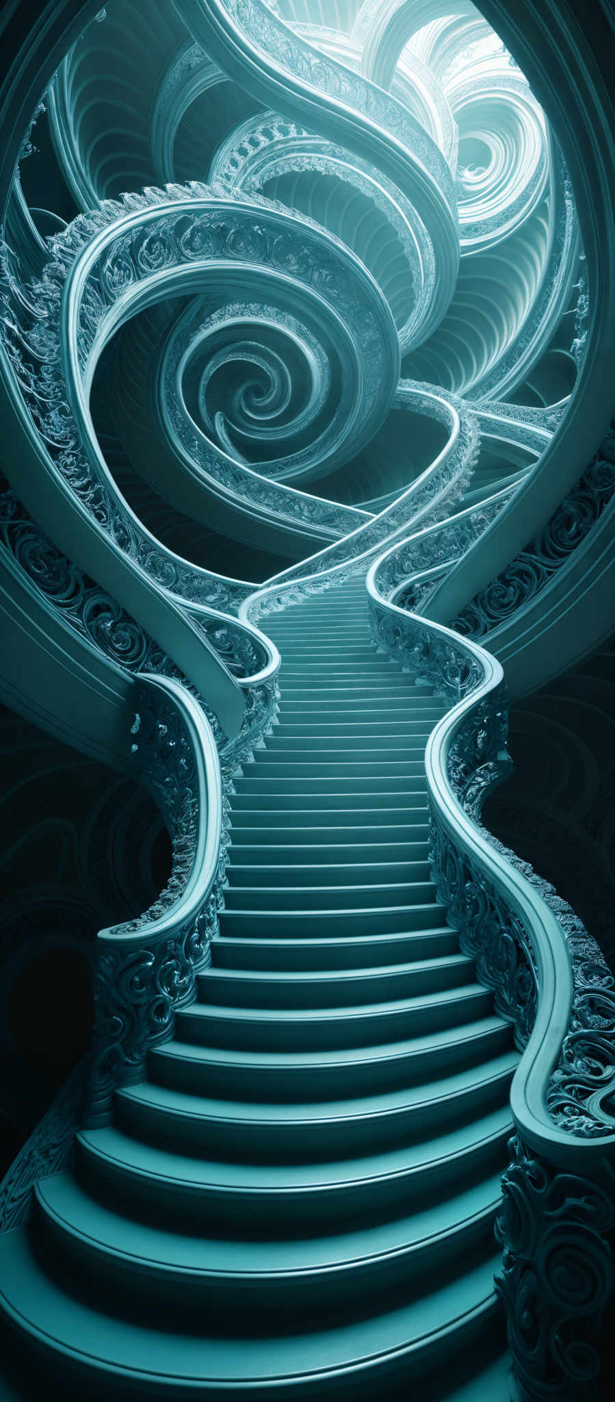 The image showcases a mesmerizing architectural structure with intricate details. The dominant color is a shade of teal or turquoise. The structure features spiraling staircases with ornate railings that have elaborate carvings. The staircase itself is made of stone or a similar material, with each step having a smooth finish. The ceiling and walls are adorned with swirling patterns, giving the impression of a dreamlike or otherworldly environment. The lighting is soft, casting a gentle glow on the stairways, emphasizing their curves and the intricate designs on the railings.