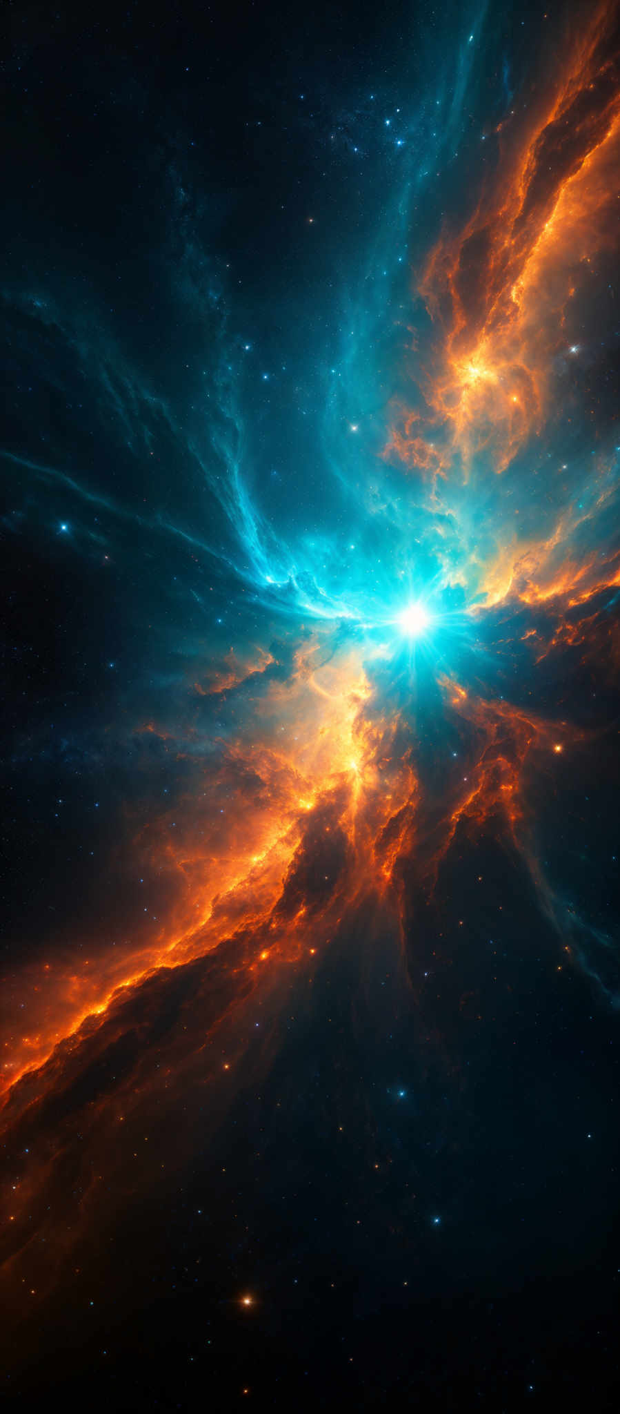 The image showcases a breathtaking cosmic scene. Dominating the center is a radiant burst of light, possibly a star or a supernova, emanating a brilliant blue glow. Surrounding this light source are swirling patterns of fiery orange and red nebulae, which appear to be gas and dust clouds illuminated by the intense light. These nebular formations are intricately shaped, resembling waves or tendrils, and they stretch out in various directions. The background is a deep black, punctuated by distant stars, adding depth and contrast to the vibrant colors of the nebulas.