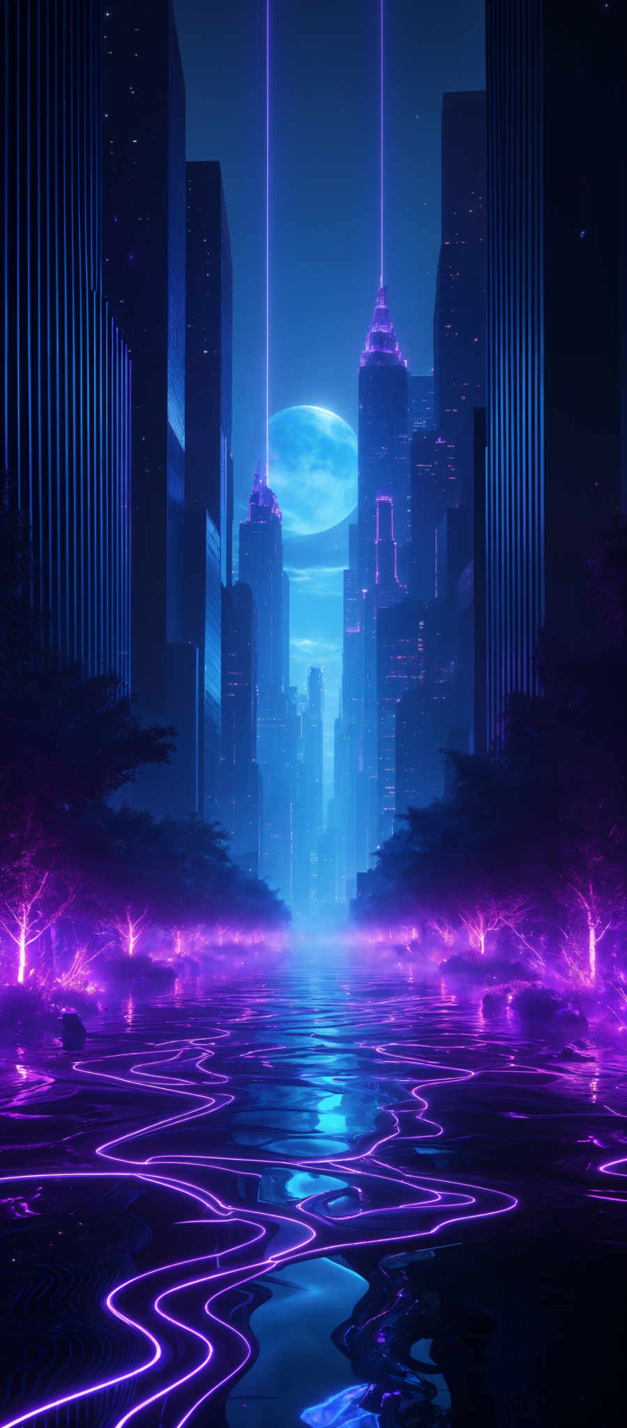 The image showcases a futuristic cityscape at night. The dominant colors are shades of blue and purple, creating a neon-like ambiance. The city is characterized by tall skyscrapers, some of which have unique designs and structures. The skyline is illuminated by bright beams of light that shoot upwards, possibly from the buildings or other unseen sources. The ground is reflective, with wavy patterns of light, possibly indicating a body of water or a reflective surface. There are also trees with glowing purple leaves, adding to the surreal atmosphere.