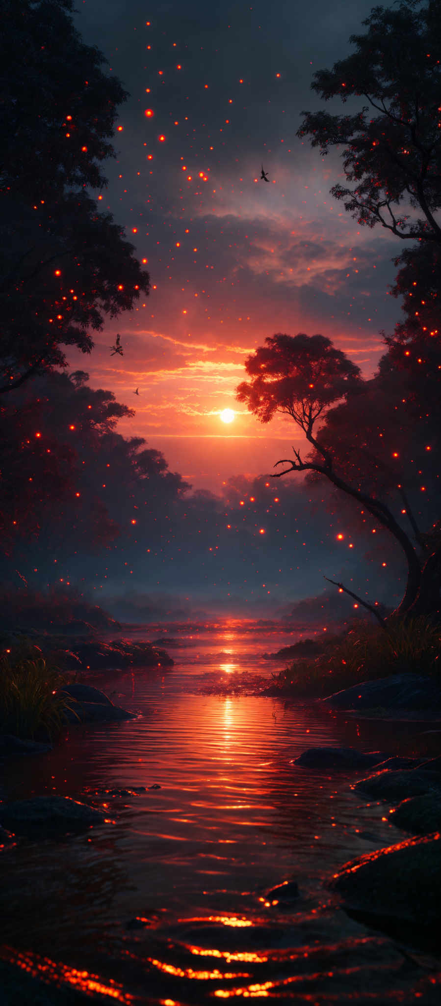 The image showcases a captivating scene of nature during sunset. The sky is painted with hues of orange, red, and purple, with the sun setting in the background, casting a warm glow over the scene. The water below reflects the colors of the sky, creating a mirror-like effect. There are trees on both sides of the water, with their branches reaching out. The trees are adorned with glowing orbs, possibly representing fireflies or some magical element. The overall ambiance of the image is serene and mystical.