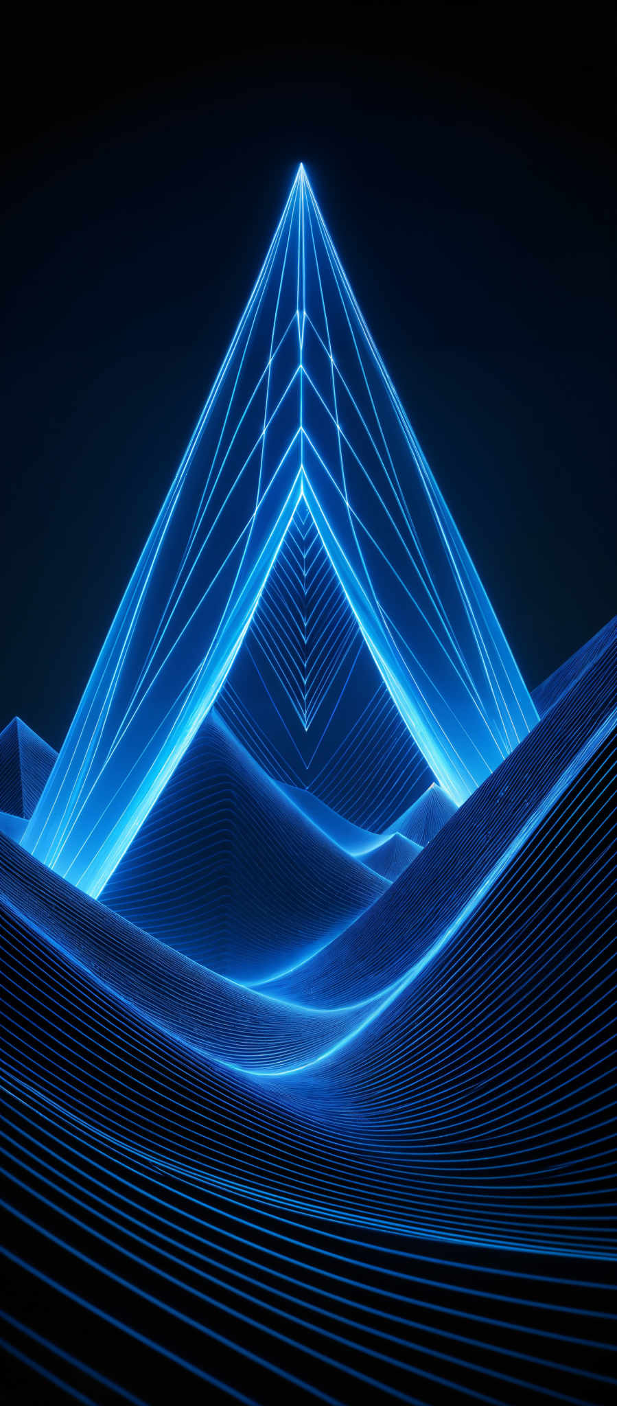 The image showcases a vibrant blue neon structure that resembles a pyramid. The pyramidal shape is intricately detailed with multiple lines forming its facets. The background is dark, emphasizing the bright blue glow of the pyramide. The base of the structure is surrounded by wavy, undulating lines that appear to be made of the same neon blue material. The overall ambiance of the image is futuristic and ethereal.