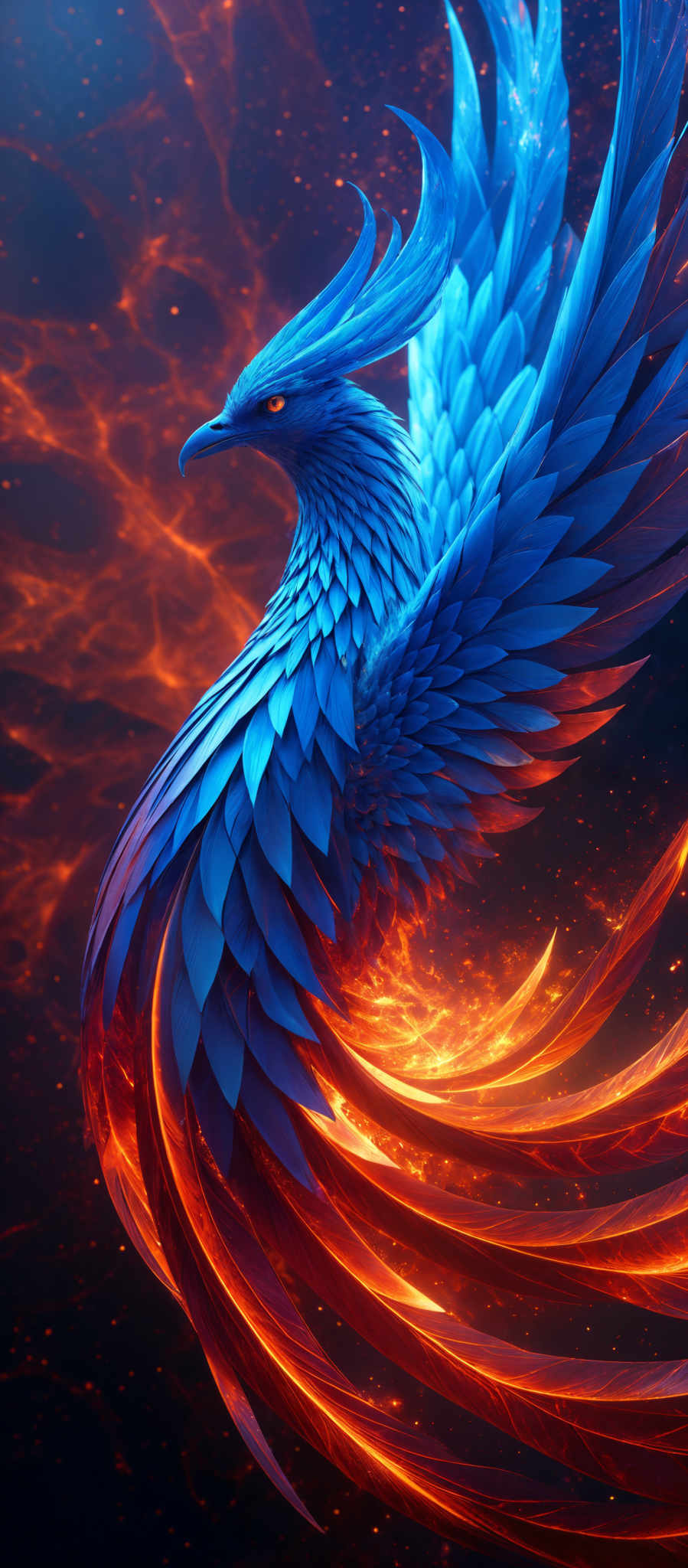 The image showcases a majestic creature resembling a bird, with vibrant blue feathers that contrast sharply with the fiery orange and red background. The bird's head is curved, with pronounced beak and eye details. The feathers on its wings and tail are intricately designed, with some appearing to be in motion, giving a sense of movement. The background is filled with swirling fiery patterns, suggesting a chaotic or energetic environment.