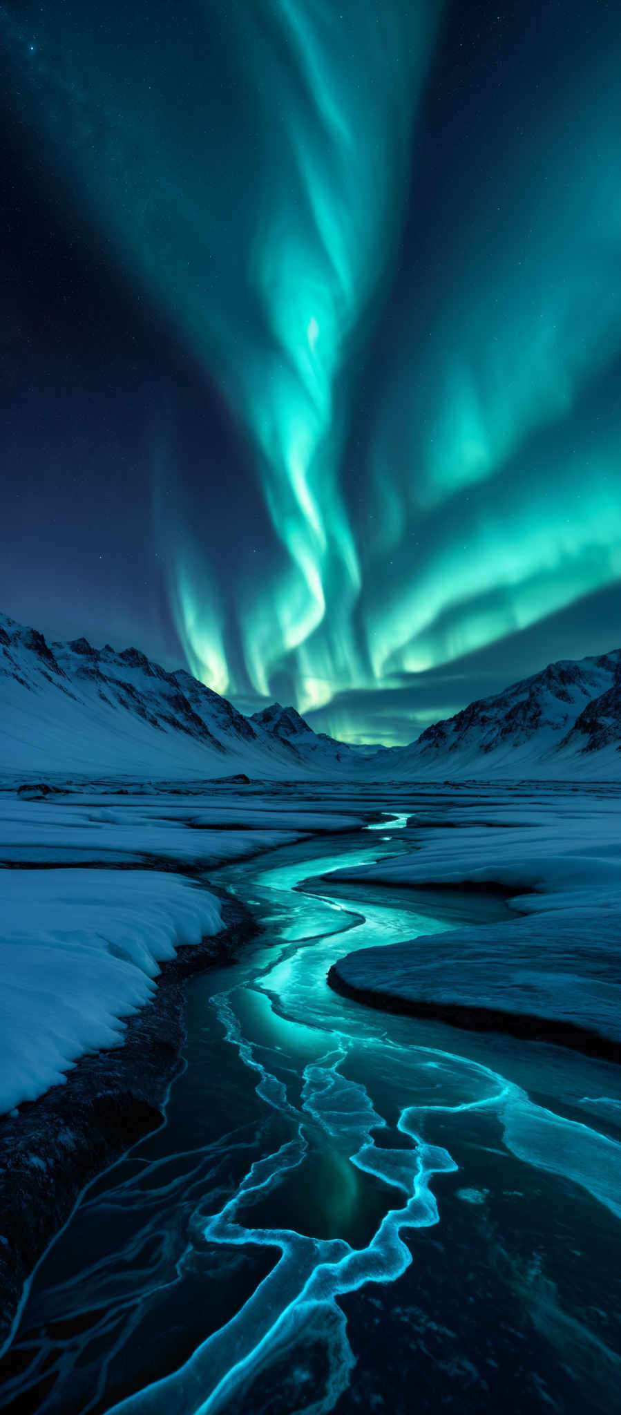 The image showcases a breathtaking view of the Northern Lights, also known as the Aurora Borealis. The lights are predominantly in shades of green, with hints of blue and white. They form a mesmerizing swirl pattern in the sky, almost resembling waves crashing. Below the sky is a snowy landscape with mountains, and a winding river or stream reflecting the lights. The water appears to be partially frozen, with some areas showing a translucent blue hue, possibly due to the reflection of the lights or the ice beneath.