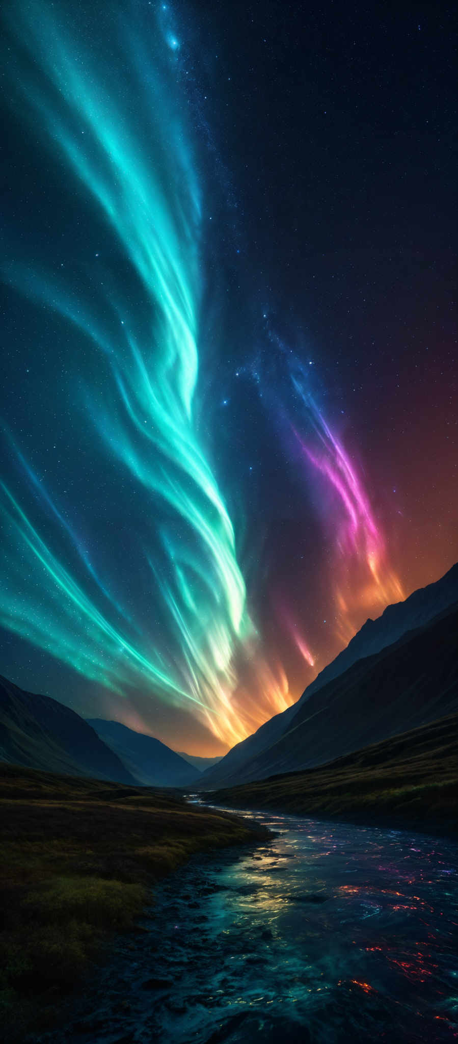 The image showcases a breathtaking view of the Northern Lights, also known as the Aurora Borealis. These lights display a mesmerizing array of colors, including vibrant shades of green, blue, and pink. The lights seem to swirl and dance in the night sky, creating an ethereal and almost otherworldly effect. Below the sky, there's a serene landscape with rolling hills and a calm river reflecting the colors of the sky. The river meanders through a grassy plain, and the entire scene is illuminated by the soft glow of the lights above.