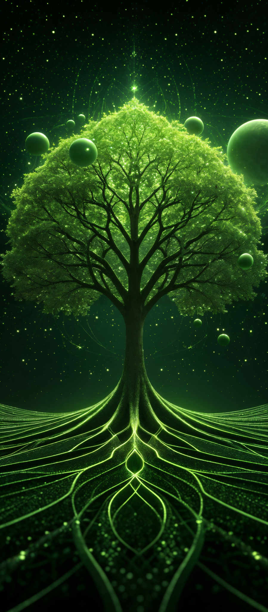 The image predominantly features shades of green and black. The central element is a large, sprawling tree with a dense canopy of green leaves. The tree's roots are prominently displayed, extending outward in a patterned manner. Surrounding the tree are multiple spherical objects, possibly representing planets or orbs, floating in a starry night sky. The ground beneath the tree is adorned with intricate, wavy patterns that resemble a combination of roots and streams of light.