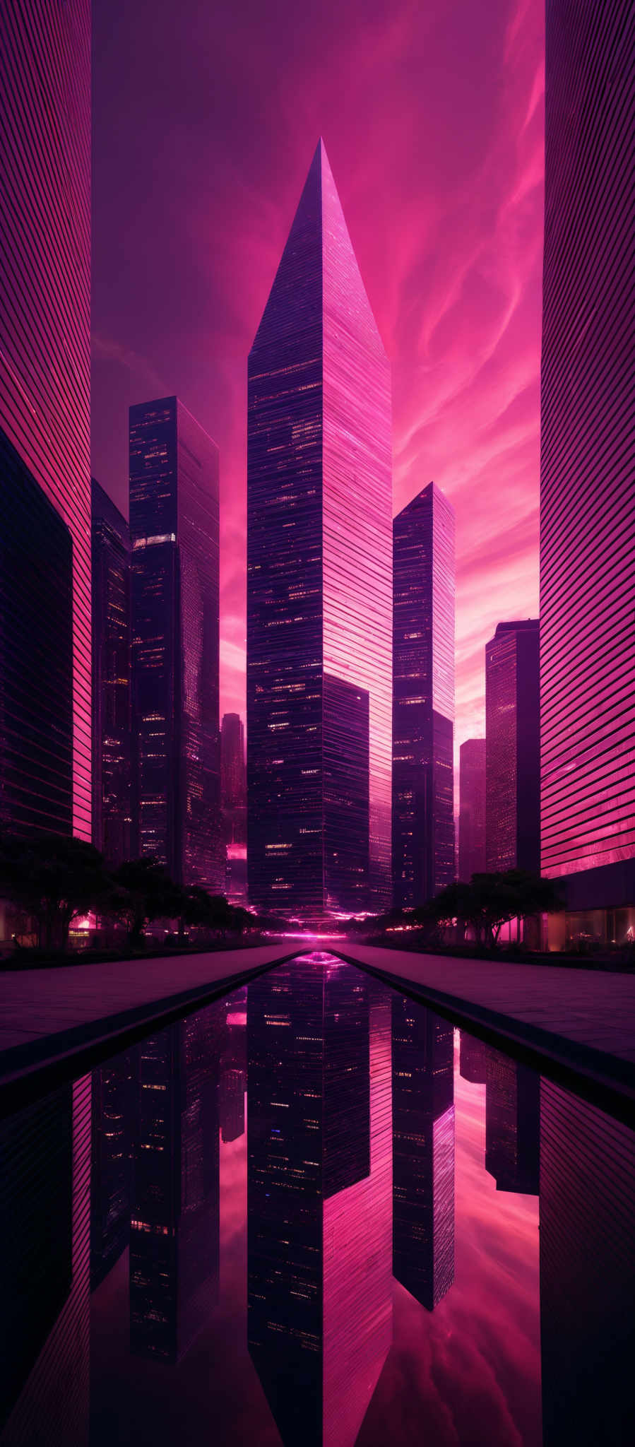 The image showcases a futuristic cityscape during what appears to be dusk or dawn. Dominating the scene are tall, sleek skyscrapers with reflective surfaces, some of which are illuminated from within. The sky is painted in hues of pink, purple, and orange, suggesting a dramatic sunset or sunrise. The buildings are mirrored perfectly in a calm body of water below, creating a symmetrical visual effect. The overall ambiance is serene, yet modern and futurist.