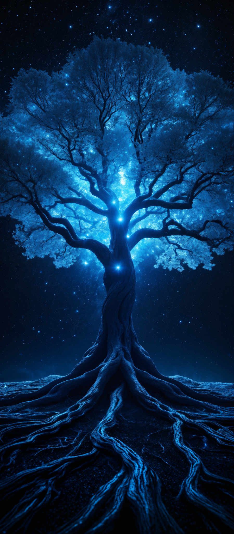 The image showcases a majestic tree with sprawling roots that extend into the ground. The tree's leaves are illuminated in a deep blue hue, giving them a glowing appearance. The roots of the tree are intricately detailed, resembling winding rivers of blue. The background is a starry night sky, with numerous stars scattered across, adding to the ethereal ambiance of the scene.