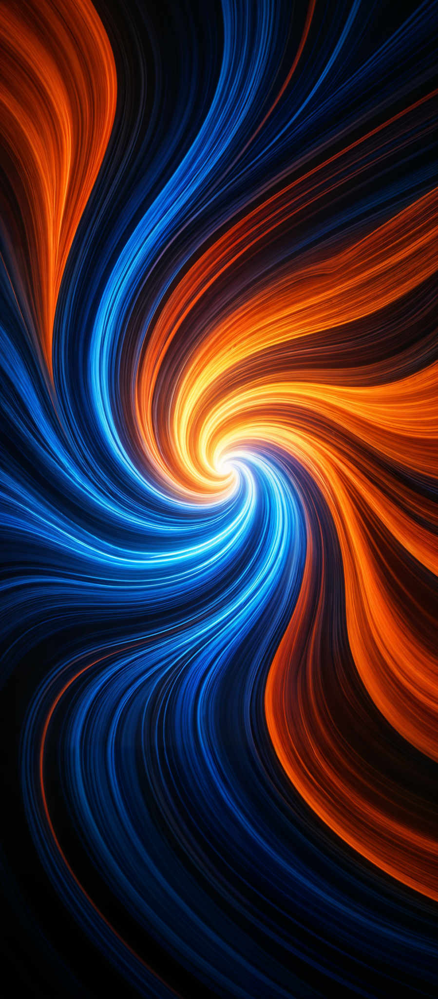 The image showcases a vibrant and dynamic swirl of colors. The predominant colors are deep blue, fiery orange, and black. The swirls are fluid and appear to be spiraling inwards, creating a vortex-like effect. The blue swirls seem cool and serene, while the orange ones exude warmth and energy. The black background provides a stark contrast, emphasizing the vibrancy of the colors.