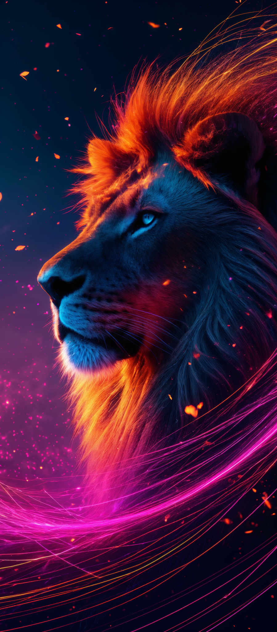 The image showcases a majestic lion with a mane that glows in vibrant hues of orange and red. The lion's eyes are a deep shade of blue, and it appears to be gazing into the distance. Surrounding the lion are swirling patterns of vibrantly colored lights, predominantly in shades of purple, pink, and orange. These lights seem to be emanating from a cosmic or magical source, creating an ethereal and mesmerizing ambiance. The overall composition gives a sense of wonder, power, and mystique.