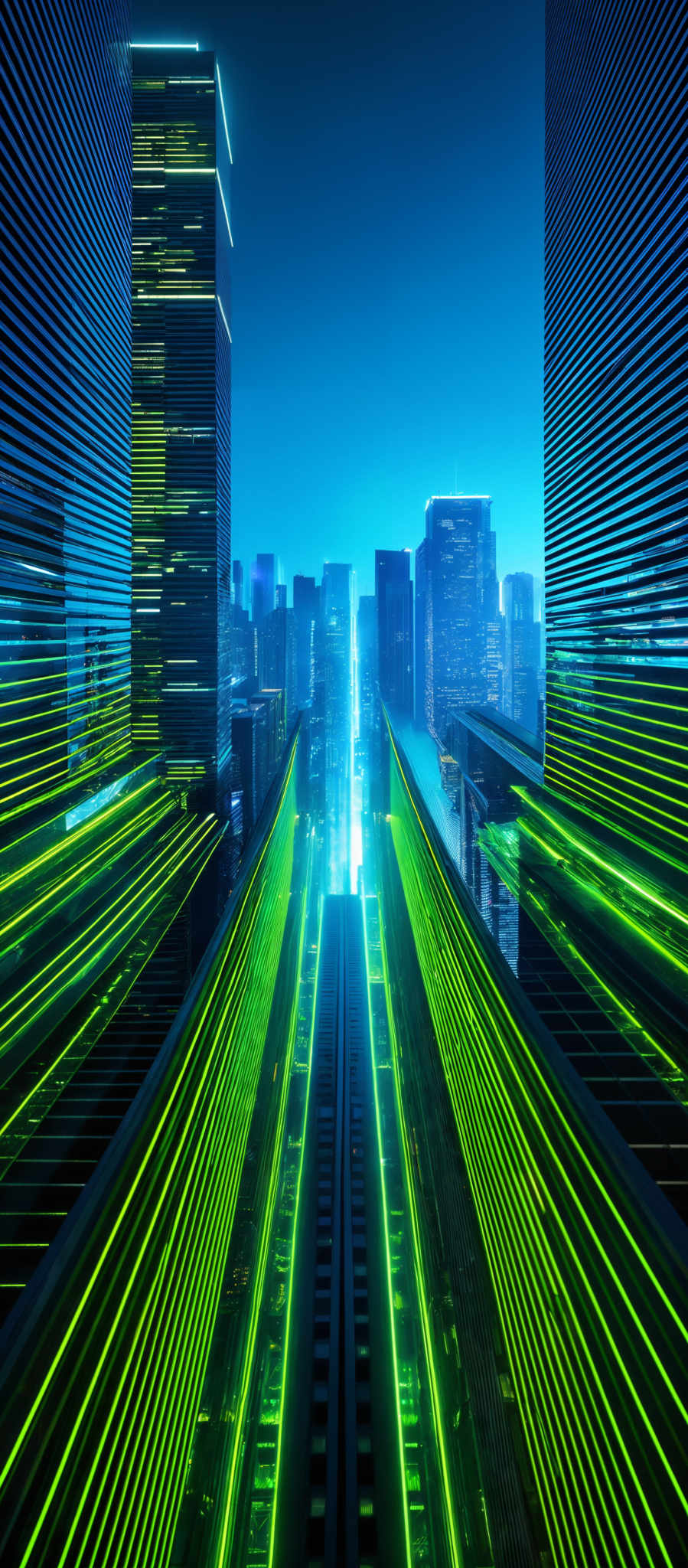 The image showcases a futuristic cityscape during the evening or night. Dominating the scene are tall, sleek skyscrapers with reflective surfaces. The buildings are illuminated with bright neon green lights, creating a vibrant contrast against the dark blue sky. The central focus is a pathway or roadway that runs between the buildings, also adorned with the same neon lighting. The overall ambiance of the image is both modern and electrifying, suggesting a bustling metropolis with advanced technology.