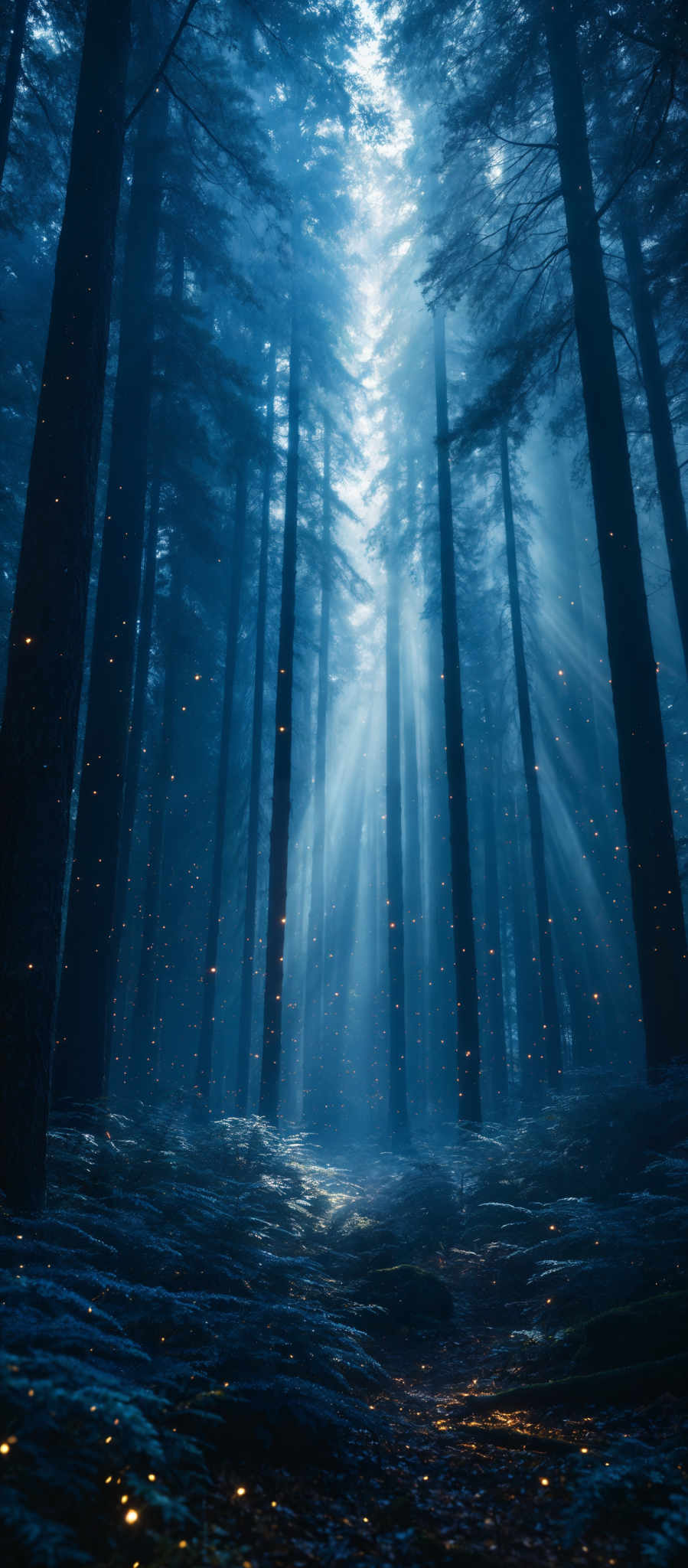 The image showcases a serene forest scene with tall, slender trees reaching upwards. The forest floor is covered with ferns and moss, and there are glowing orbs scattered throughout, giving the scene a magical or ethereal quality. The color palette is dominated by shades of blue and white, with the glow from the orbs providing a warm contrast. The light filtering through the trees creates a misty, dreamy atmosphere.