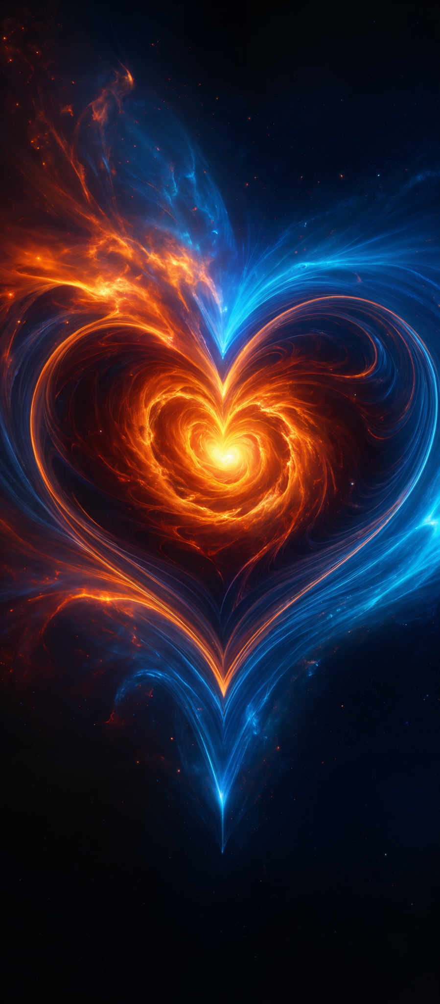 The image showcases a vibrant and dynamic interplay of colors. Dominantly, there are hues of blue and orange, with the blue representing a cool, ethereal energy and the orange symbolizing warmth and passion. The central part of the image features a swirling pattern, reminiscent of a galaxy or a vortex, emanating a bright, glowing light. This central formation is encircled by a heart shape, emphasizing the theme of love or passion. Surrounding the heart, there's a flow of energy that seems to be emanated from the central swirl, creating an effect of movement and dynamism. The background is dark, with specks of