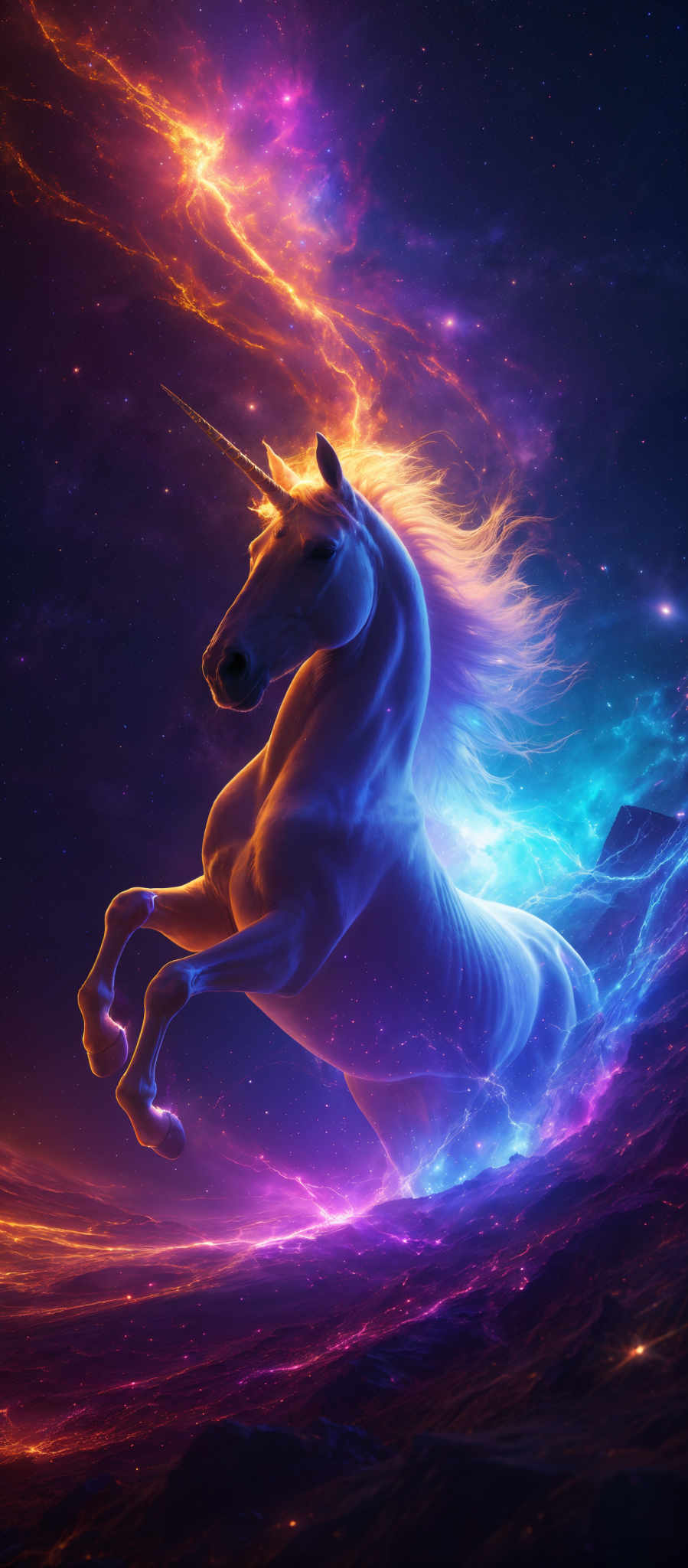 The image showcases a majestic unicorn set against a cosmic backdrop. The unicorm is depicted in a reddish-gold hue, with its mane flowing upwards, capturing the essence of the cosmos. The background is a vibrant mix of purples, blues, and fiery oranges and reds, resembling a nebula or galaxy. There are also bright stars scattered throughout, adding to the ethereal atmosphere.