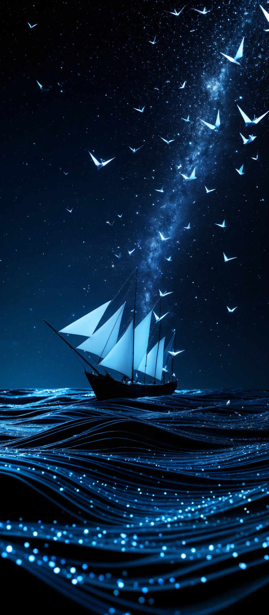 The image showcases a deep blue night sky filled with stars. A flock of white birds is seen flying across the sky. Below, there's a vast expanse of shimmering blue waters, reflecting the starry sky. A large ship with white sails is sailing on these waters, with its reflection also visible on the water's surface. The ship's sails are fully unfurled, capturing the essence of the wind. The overall ambiance of the image is serene and mystical.