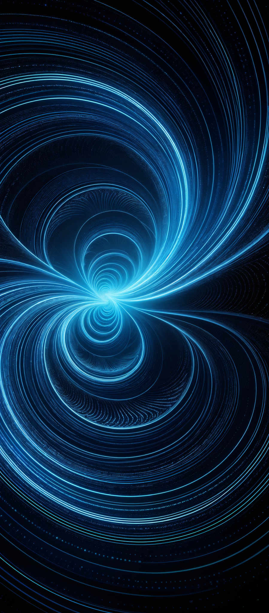 The image showcases a mesmerizing swirl of blue and white light patterns. The swirls are intricate, resembling the motion of a whirlpool or a vortex, spiraling inwards towards a central point. The patterns are symmetrical, with the blue light emanating from the center and the white light forming concentric circles around it. The overall effect is both hypnotic and awe-inspiring, giving the impression of a dynamic, otherworldly energy source.