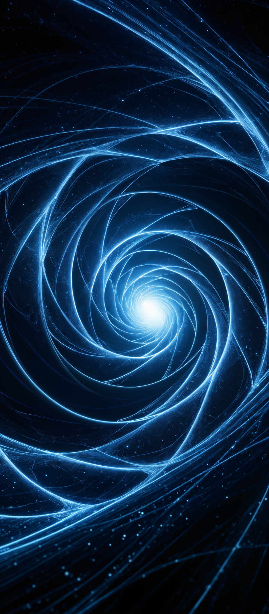 The image showcases a mesmerizing swirl of blue light, reminiscent of a spiral galaxy or a vortex. The swirls are intricate, with bright, luminous blue lines weaving in and out, creating a sense of depth and movement. The background is dark, which accentuates the luminosity of the blue swirls. There are also tiny specks scattered throughout, possibly representing distant stars or other celestial bodies.