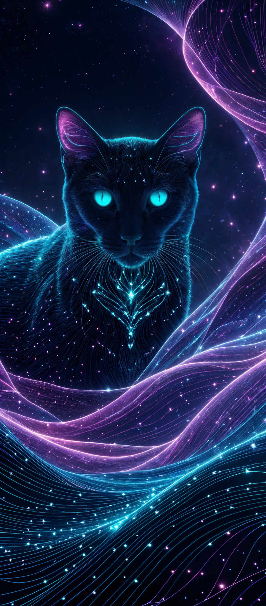 The image showcases a vibrant and mesmerizing cosmic scene. Dominating the center is a cat with striking blue eyes, surrounded by swirling patterns of light in hues of purple, blue, and pink. The cat appears to be made of a luminescent material, with intricate designs and patterns on its body. The background is filled with a deep blue space dotted with bright stars, and there are swirled light patterns that give the impression of flowing cosmic energy or waves.