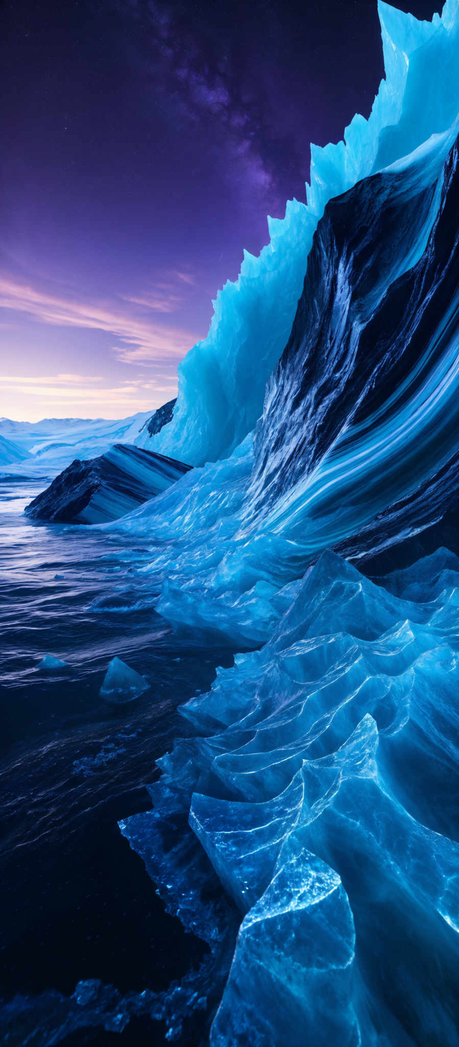 The image showcases a breathtaking landscape dominated by icy formations. The colors range from deep blues and purples in the sky to vibrant blues in the ice. The ice formations are intricately layered, with some parts appearing translucent, revealing the blue hues within. The shapes are varied, with jagged edges, smooth curves, and undulating patterns. The overall scene evokes a sense of serenity and awe, capturing the raw beauty of nature.