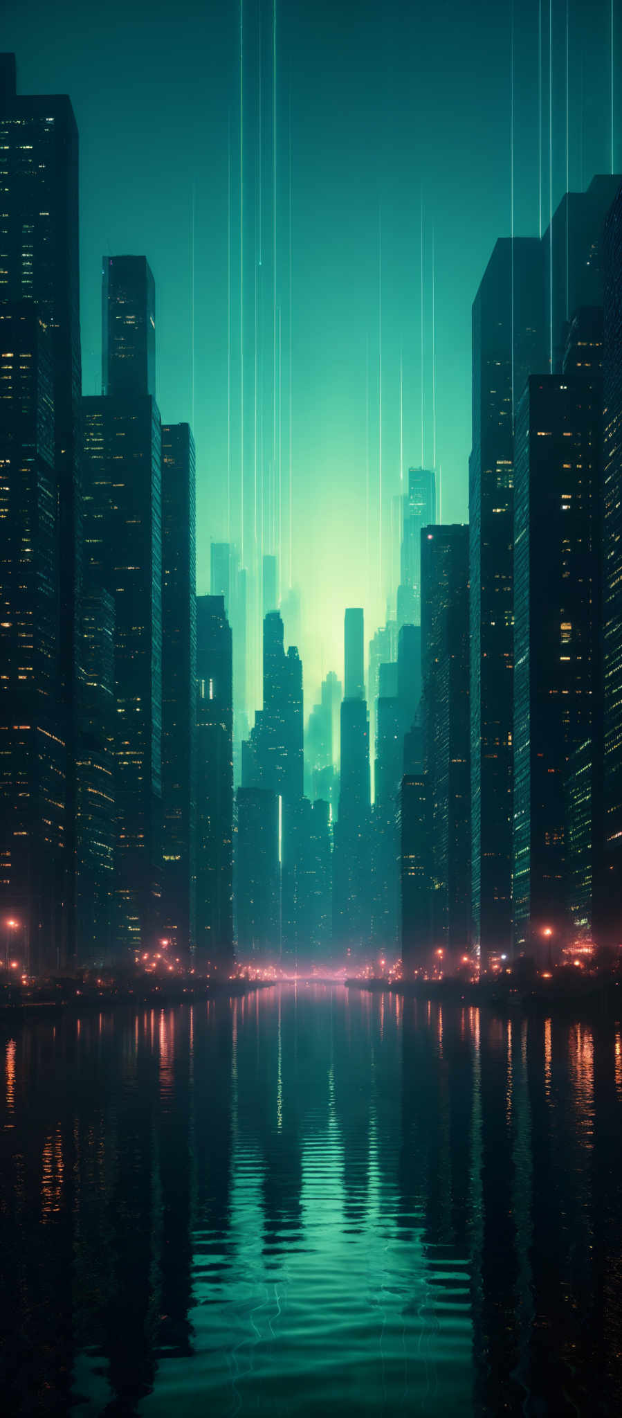 The image showcases a futuristic cityscape with tall skyscrapers illuminated by neon lights. The predominant colors are shades of blue, green, and pink. The buildings are of varying shapes, with some having unique designs and structures. The city is reflected in a calm body of water in the foreground, creating a mirrored effect. Above the city, there are streaks of light, possibly representing beams or signals, adding to the futurist ambiance.