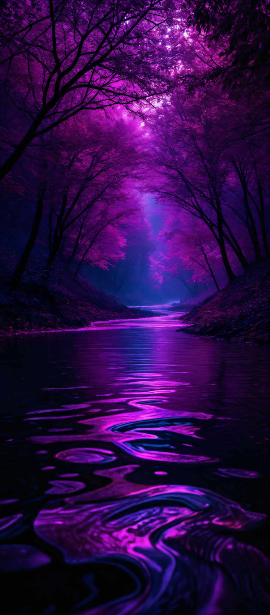 The image showcases a vibrant and surreal landscape. Dominated by shades of purple and pink, the scene features a calm river reflecting the surrounding environment. The river's banks are lined with trees, their branches reaching out in various directions. The trees' leaves are a deep purple, almost giving the impression of a mystical forest. Above, the sky is a gradient of purples and pinks, suggesting either a sunrise or sunset. The overall ambiance is serene and dreamlike.