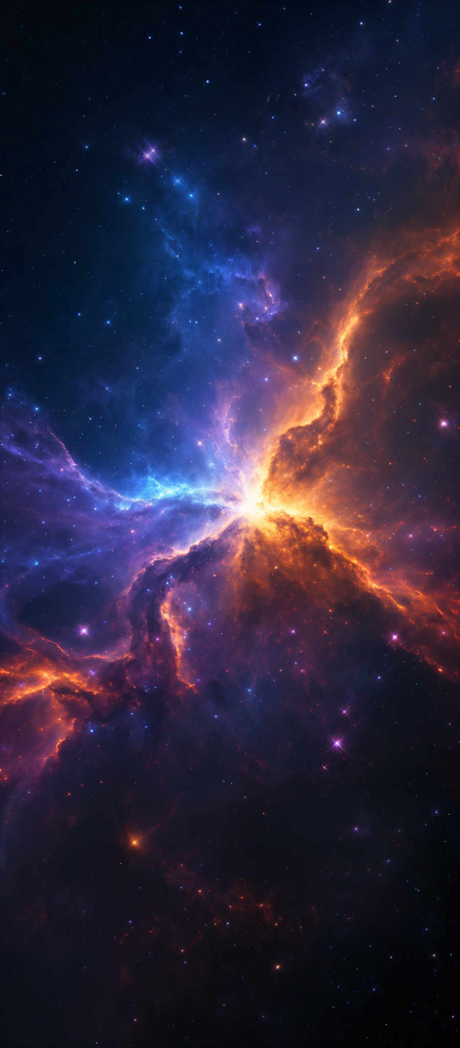 The image showcases a breathtaking cosmic scene with a myriad of colors. Dominating the center is a radiant burst of orange and red, reminiscent of a star or a supernova. This is surrounded by swirling patterns of blue and purple, which could represent nebulae or interstellar gas and dust. The background is a deep black, punctuated by distant stars, giving a sense of vastness and depth to the universe.