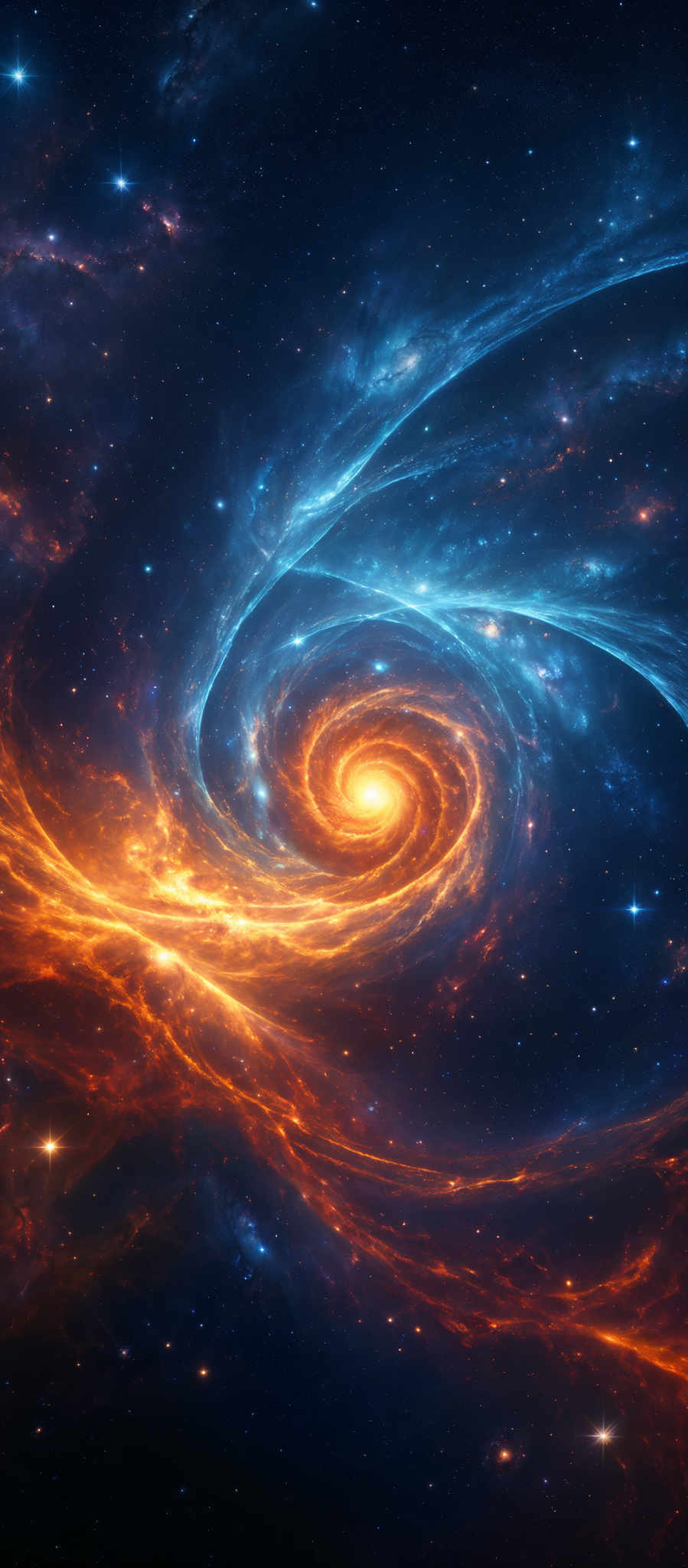 The image showcases a mesmerizing cosmic scene with swirling galaxies and nebulae. Dominating the center is a bright, glowing spiral galaxy, radiating a fiery orange and yellow hue. Surrounding this central galaxy are swirled patterns of blue and white, representing cosmic dust and gas. The background is dotted with numerous stars, some of which are brighter than others, creating a sense of depth and vastness. The overall color palette is a mix of deep blues, fiery oranges, and bright whites, evoking a sense wonder and awe at the beauty of the universe.