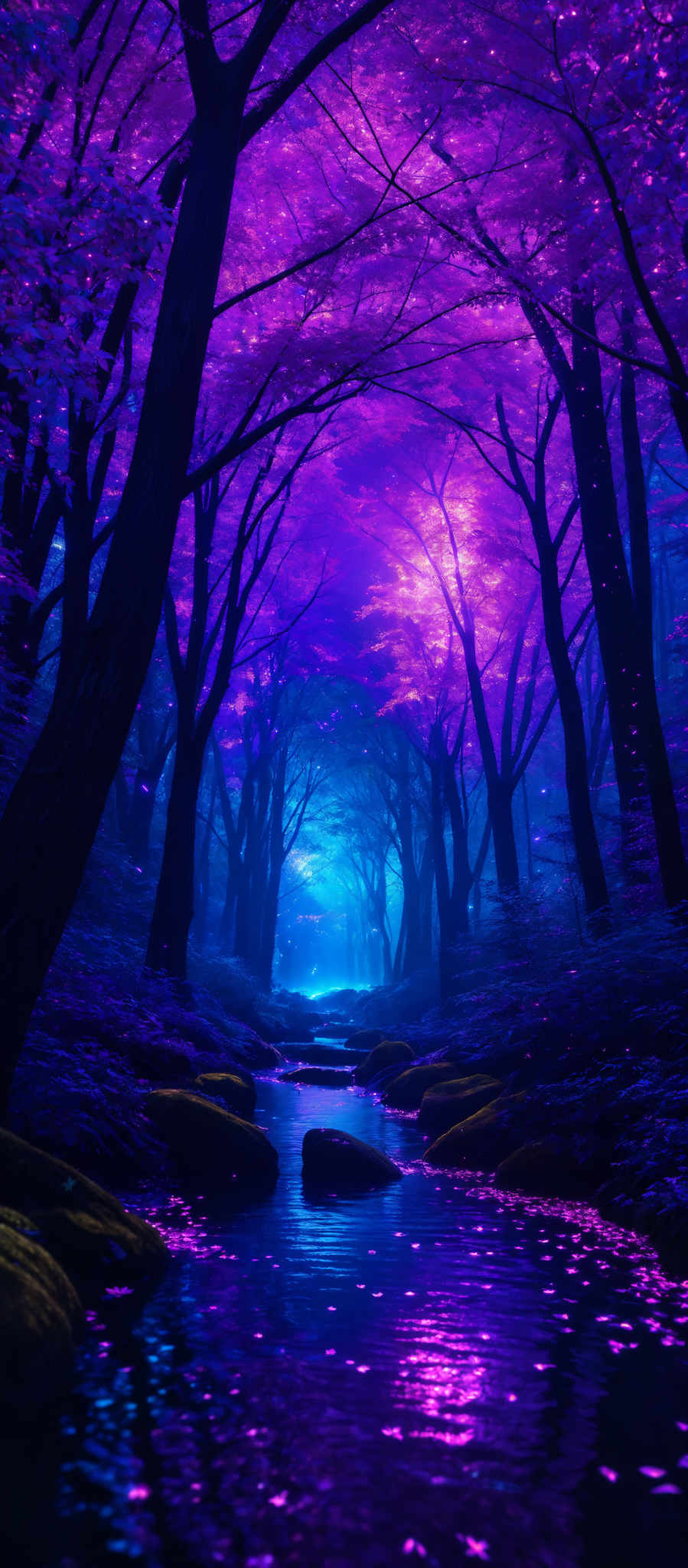 The image showcases a vibrant and surreal forest scene. The dominant colors are various shades of purple and blue, creating a dreamy and ethereal ambiance. The trees have a tall and slender shape, with their branches reaching out in different directions. The ground is covered with fallen leaves, and there's a serene stream flowing through the forest. The water reflects the surrounding trees and the sky, adding depth to the scene. There are also some glowing orbs or lights scattered throughout, adding to the mystical feel of the image, and a few rocks are visible in the water.