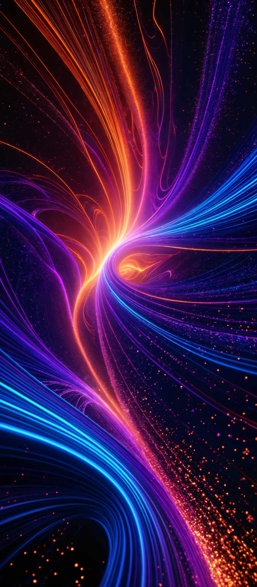 The image showcases a vibrant and dynamic swirl of colors. The dominant colors are shades of blue, purple, and orange. The swirls are intricate, resembling flowing streams or tendrils of energy. The shape is reminiscent of a vortex or a whirlpool, with the colors spiraling inwards and outwards. The background is dark, which accentuates the brightness and vibrancy of the swirls.