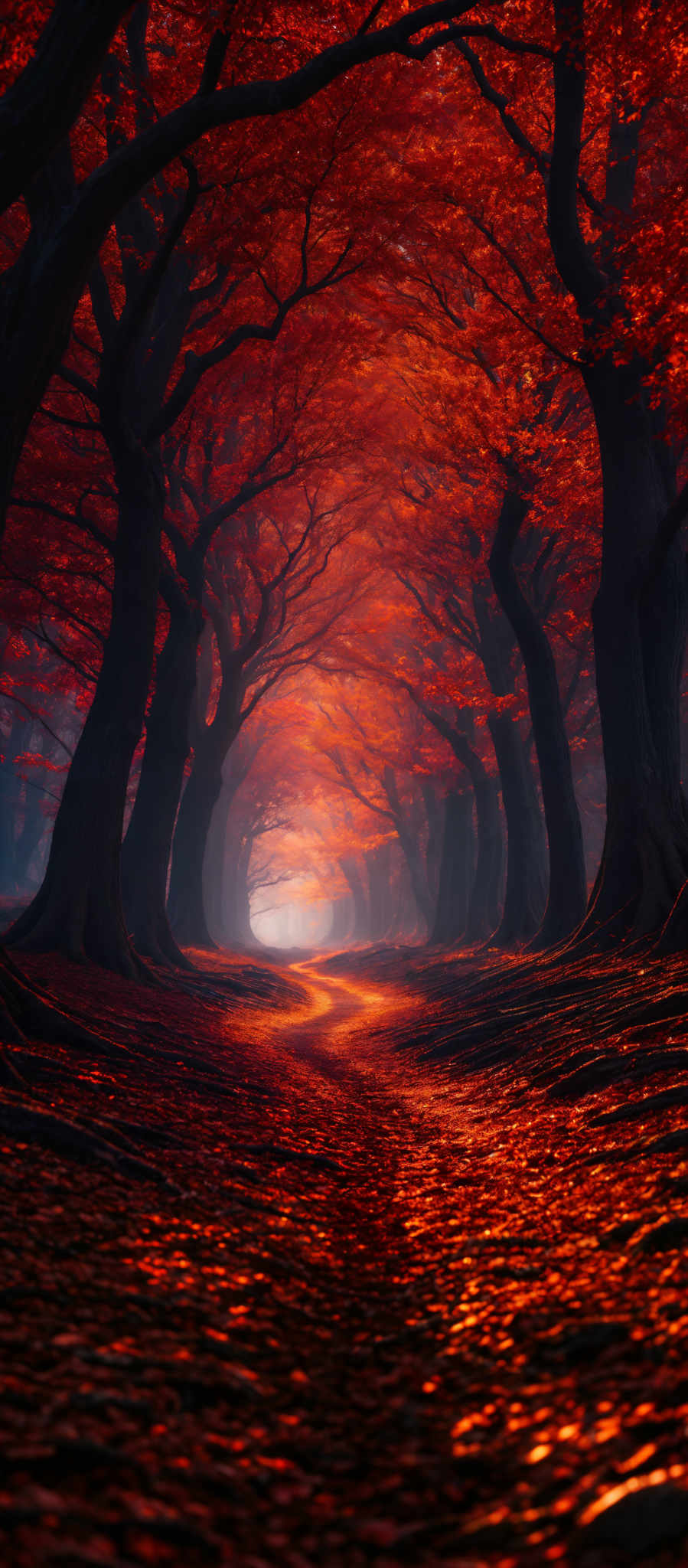 The image showcases a breathtaking forest during autumn. The dominant colors are fiery reds and deep oranges, representing the vibrant foliage of the trees. The trees have a tall and slender shape, with their branches reaching out in all directions. The ground is covered in a thick layer of fallen leaves, which reflects the same fiery hue as the trees, creating a mesmerizing pathway that leads the viewer's eye into the distance. The atmosphere is misty, adding a sense of mystery and depth to the scene.