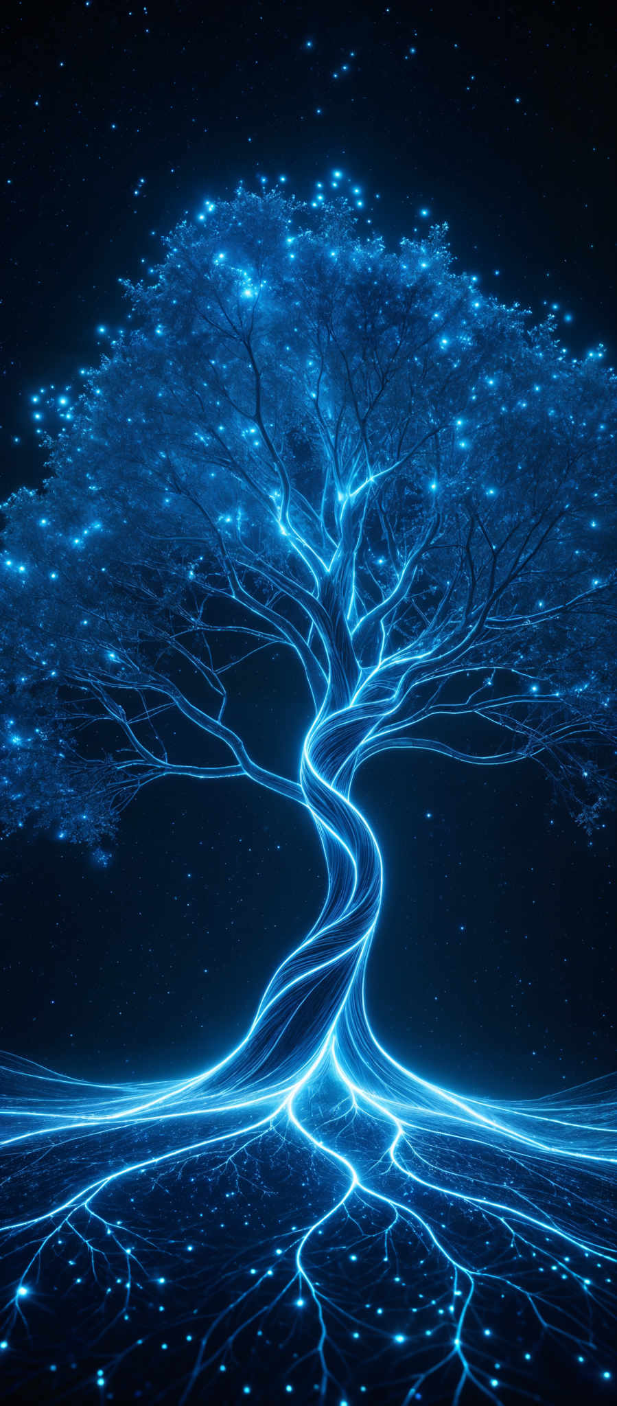 The image showcases a vibrant and intricate depiction of a tree. The tree is illuminated with a radiant blue glow, giving it an ethereal and magical appearance. Its branches sprawl outwards, intertwining with one another, creating a spiraling pattern. The roots of the tree extend outwards and upwards, forming a network of blue tendrils that seem to be intertwined with the tree's branches. The background is a deep blue, dotted with tiny, glowing white specks, resembling stars or distant galaxies, adding to the cosmic and mystical ambiance of the scene.