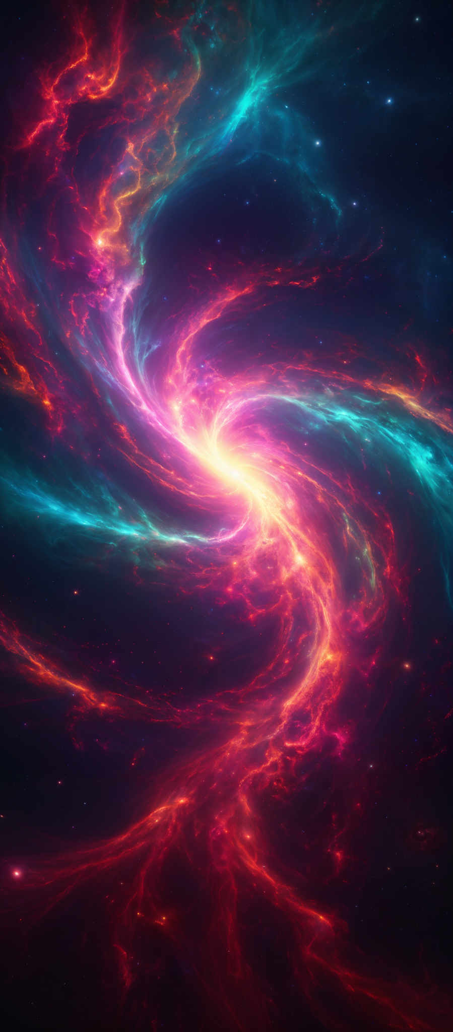 The image showcases a mesmerizing cosmic scene with swirling nebulae in vibrant hues of red, blue, and pink. The central region emits a bright, radiant glow, suggesting a massive star or a supernova. The nebular formations are intricate, with tendrils of gas and dust intertwining, creating a dynamic and visually stunning representation of outer space.