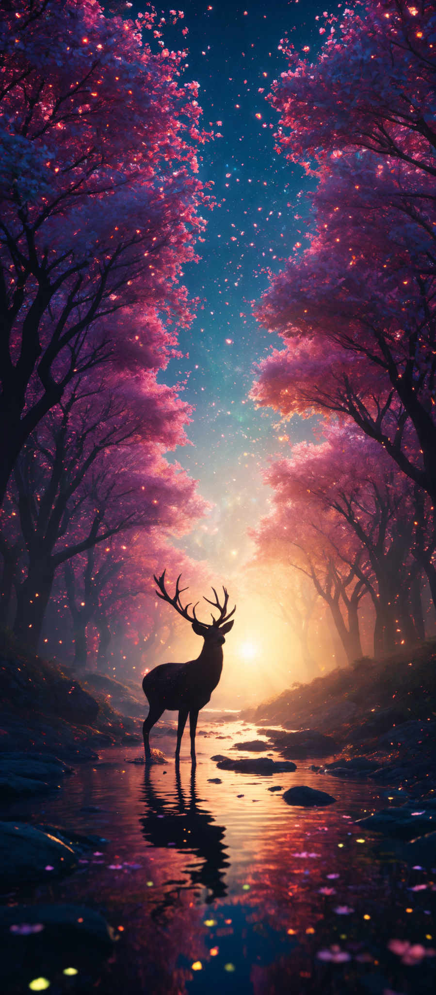 The image showcases a vibrant and surreal scene. The dominant colors are shades of pink, blue, and gold. The trees, which are the most prominent feature, have pink blossoms that seem to be falling, creating a dreamy atmosphere. The sky is a deep blue, transitioning to a golden hue near the horizon, suggesting either a sunrise or sunset. In the center, there's a silhouette of a stag standing in a calm water body, surrounded by floating petals. The reflection of the stag and the surrounding environment can be seen in the water, adding depth to the scene.