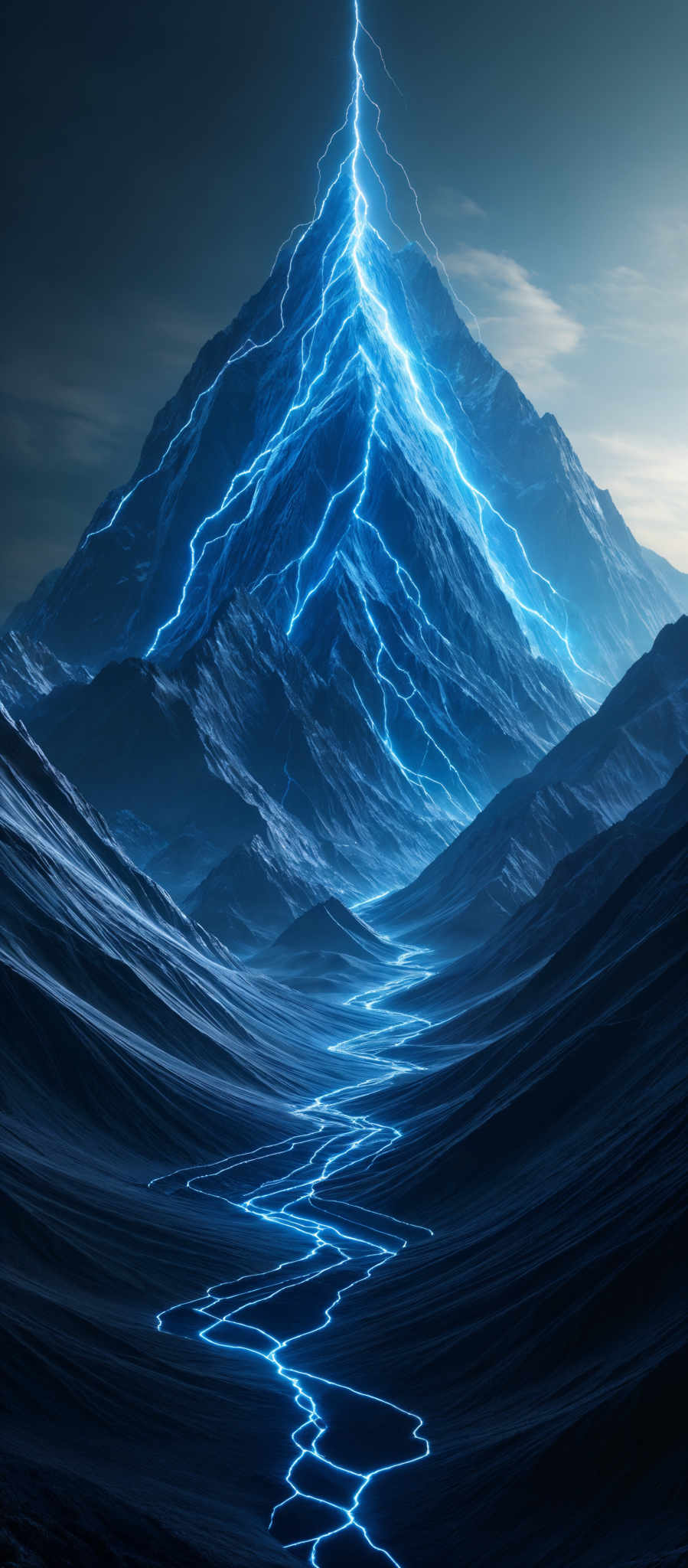 The image showcases a majestic mountain peak with a bright blue lightning bolt striking its apex. The mountain's surface appears rugged with deep shadows, highlighting its contours. The sky above is dark, suggesting either early dawn or dusk. In the foreground, there's a winding pathway made of bright blue, glowing lightning that seems to lead up to the mountain. The overall color palette is dominated by deep blues and blacks, with the bright blue of the lightning providing a stark contrast.