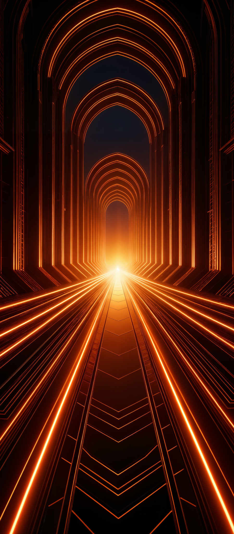 The image showcases a series of arched corridors that seem to be made of a metallic or stone material. These arches are symmetrically aligned, leading the viewer's eye towards a bright light at the end. The corridor is illuminated by a vibrant orange glow, which contrasts sharply with the dark background. The floor of the corridord has a reflective surface, mirroring the arches and the light. The overall ambiance of the image is mysterious and futuristic.