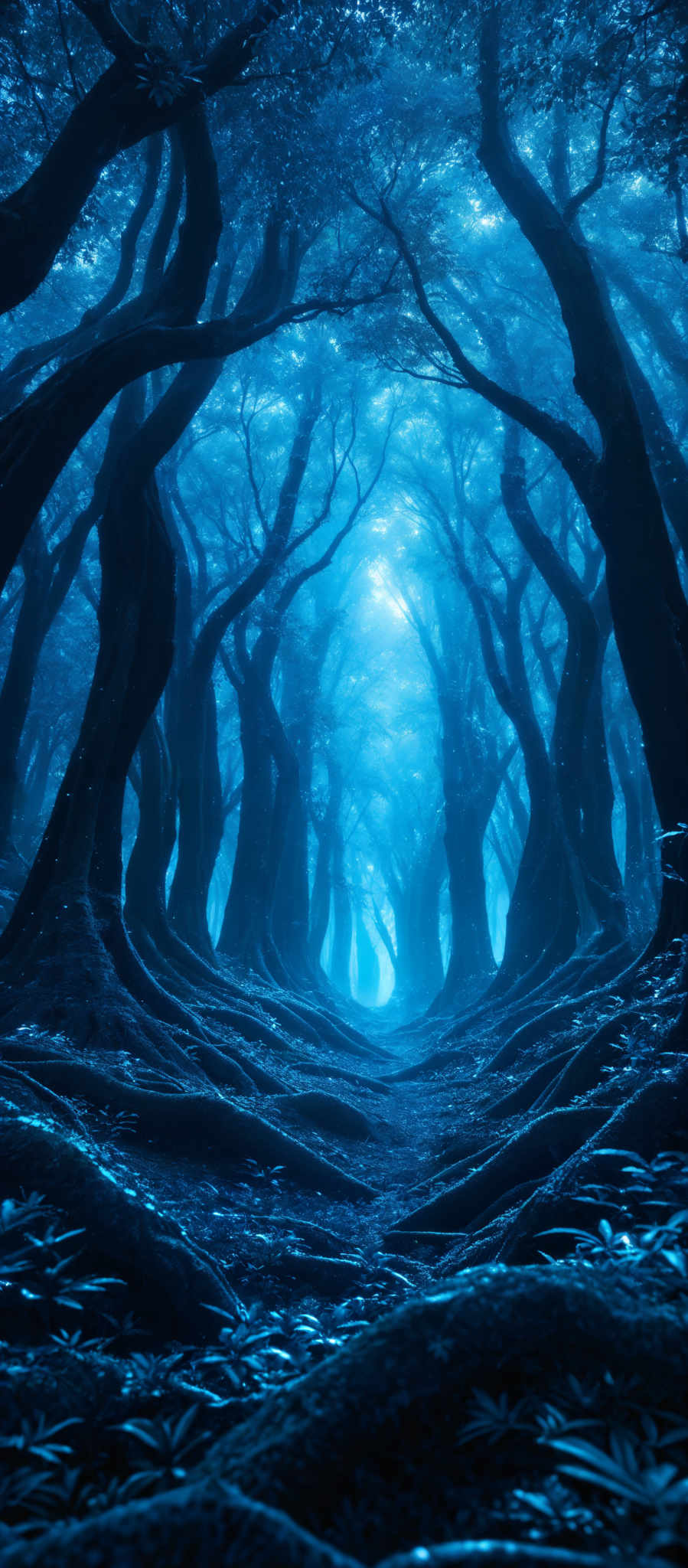 The image showcases a mystical forest with tall, twisted trees that have gnarled and intertwined branches. The predominant color is a deep shade of blue, giving the forest a serene and ethereal ambiance. The ground is covered with leaves and small plants, and there's a pathway that seems to lead deeper into the forest. The overall shape of the trees is curved and intricate, creating a canopy that almost looks like it's made of fabric.