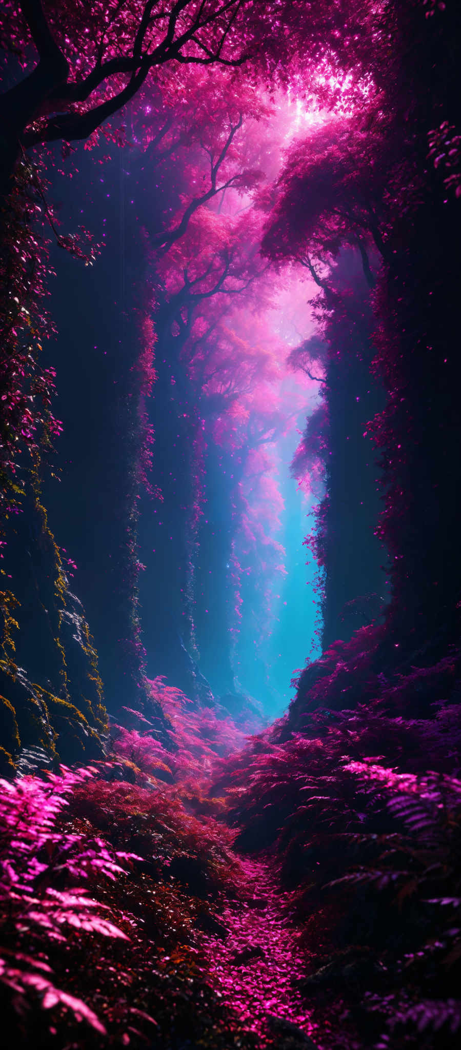 The image showcases a breathtaking forest scene. The dominant colors are shades of pink, purple, and blue. The trees have a twisted and gnarled shape, with their branches reaching out in various directions. The ground is covered in vibrant pink ferns and moss, and there's a pathway that leads deeper into the forest. The atmosphere is mystical, with a soft light filtering through the trees, creating an ethereal glow.