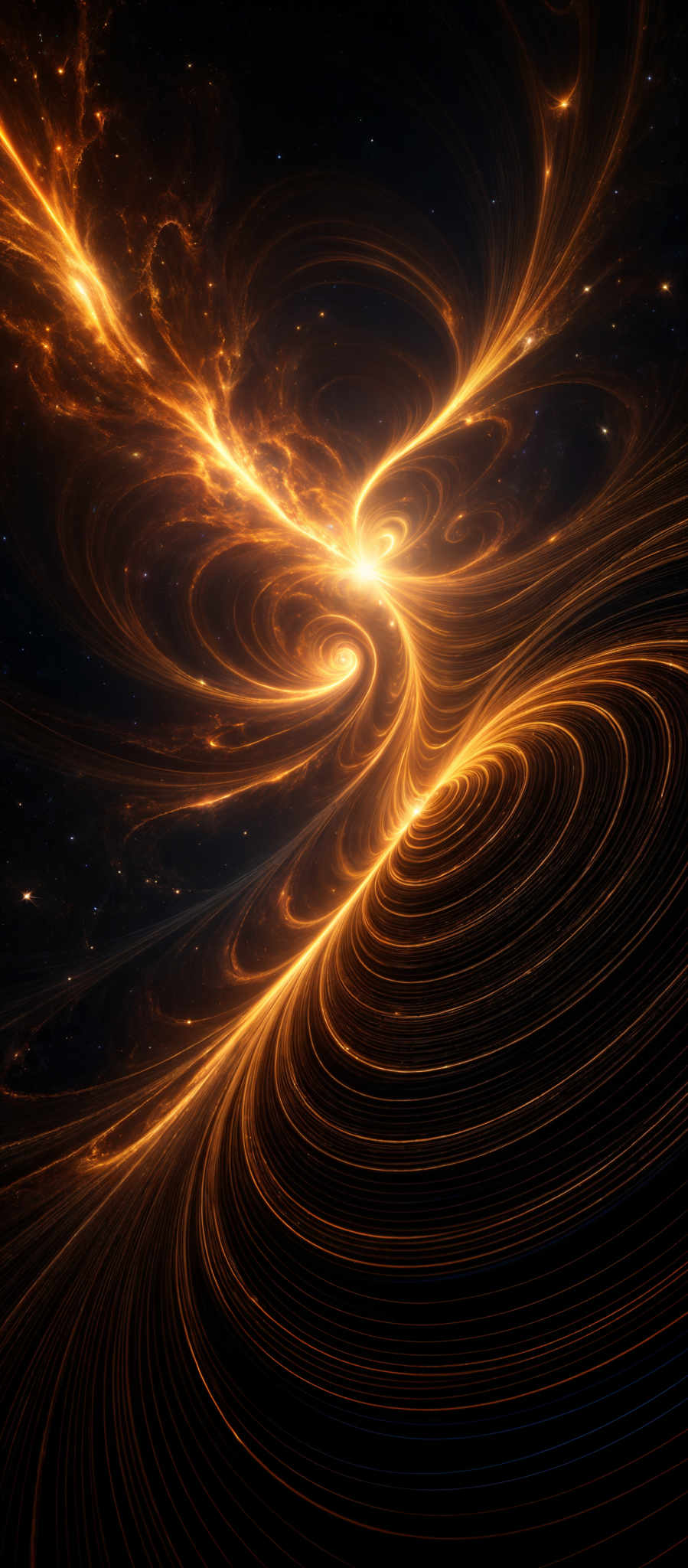 The image showcases a mesmerizing interplay of colors, primarily dominated by fiery oranges and deep blacks. The shape is reminiscent of swirling patterns, almost like a vortex or a whirlpool, with concentric circles emanating outward. The swirls are intertwined with bright streaks of light, giving the impression of energy or motion. The background is dark, with specks of light that could represent distant stars or other celestial bodies.