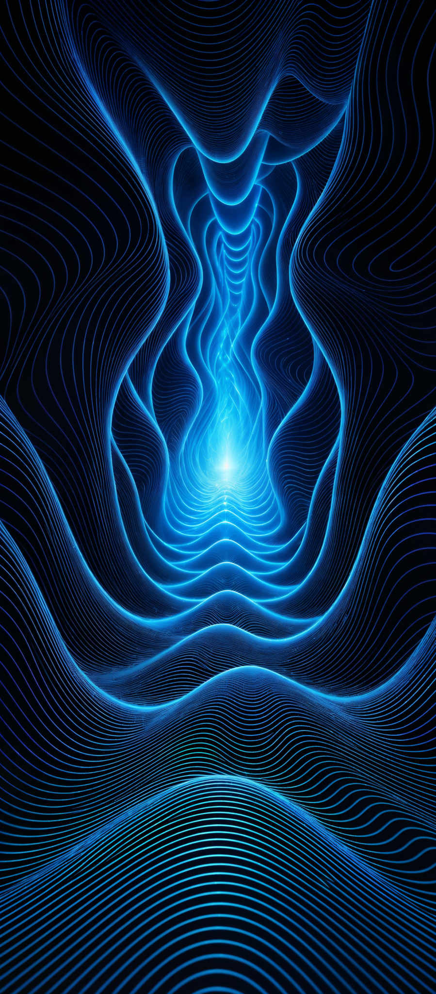 The image showcases a mesmerizing pattern of intertwined lines in varying shades of blue. The lines create a wavy, undulating pattern that appears to be reminiscent of a topographical map or contour lines on a mountain. The central part of the image is illuminated with a bright blue light, giving the impression of a source of energy or a portal. The overall effect is both intricate and hypnotic, drawing the viewer's attention into the depths of the pattern.