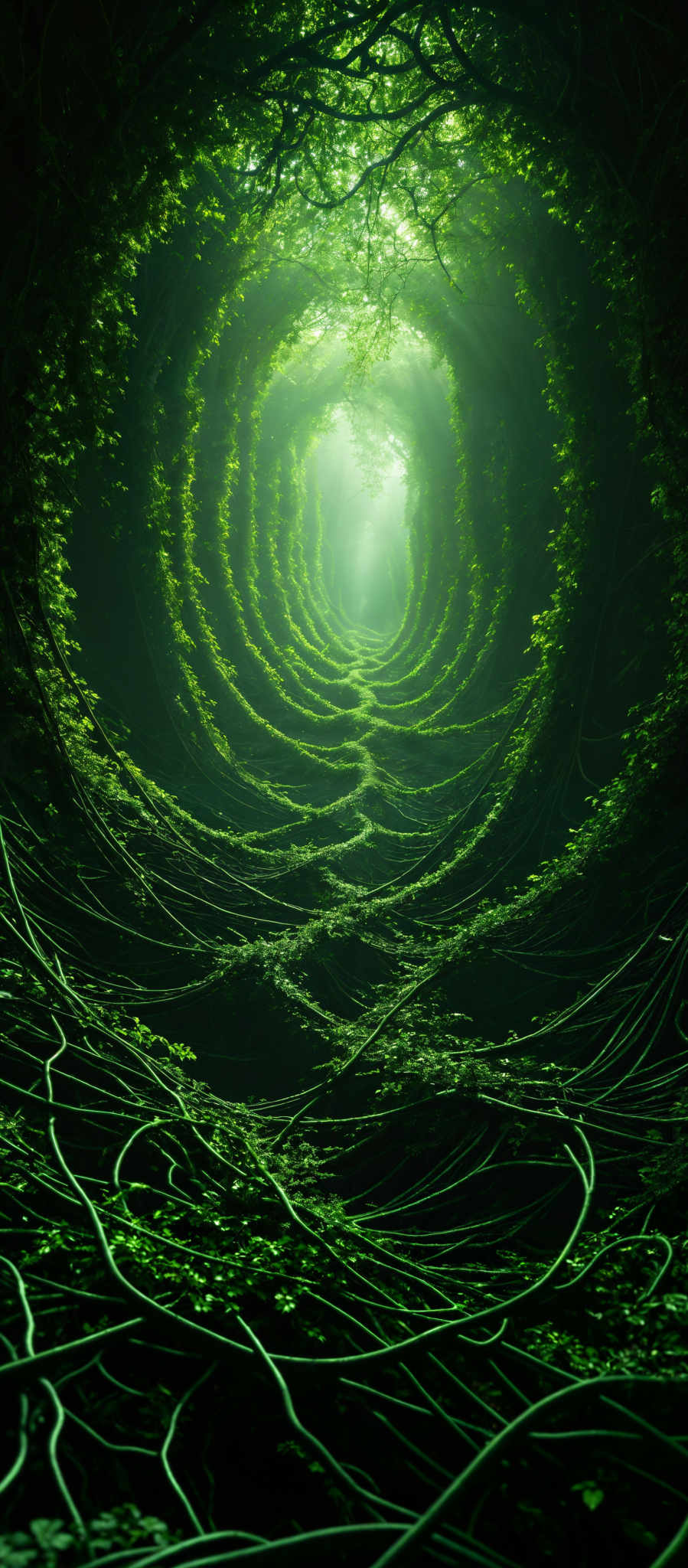 The image showcases a captivating scene of a natural tunnel or passage. The dominant colors are various shades of green, representing the dense foliage and vines that cover the walls and ceiling of the tunnel. The shape is reminiscent of a spiral, with the tunnel leading deeper into the distance, giving a sense of depth and mystery. The ground is covered with intertwined vines and roots, creating a dense carpet of green. The light at the end of the passage is soft and diffused, suggesting an opening or a source of light beyond the tunnel's end.