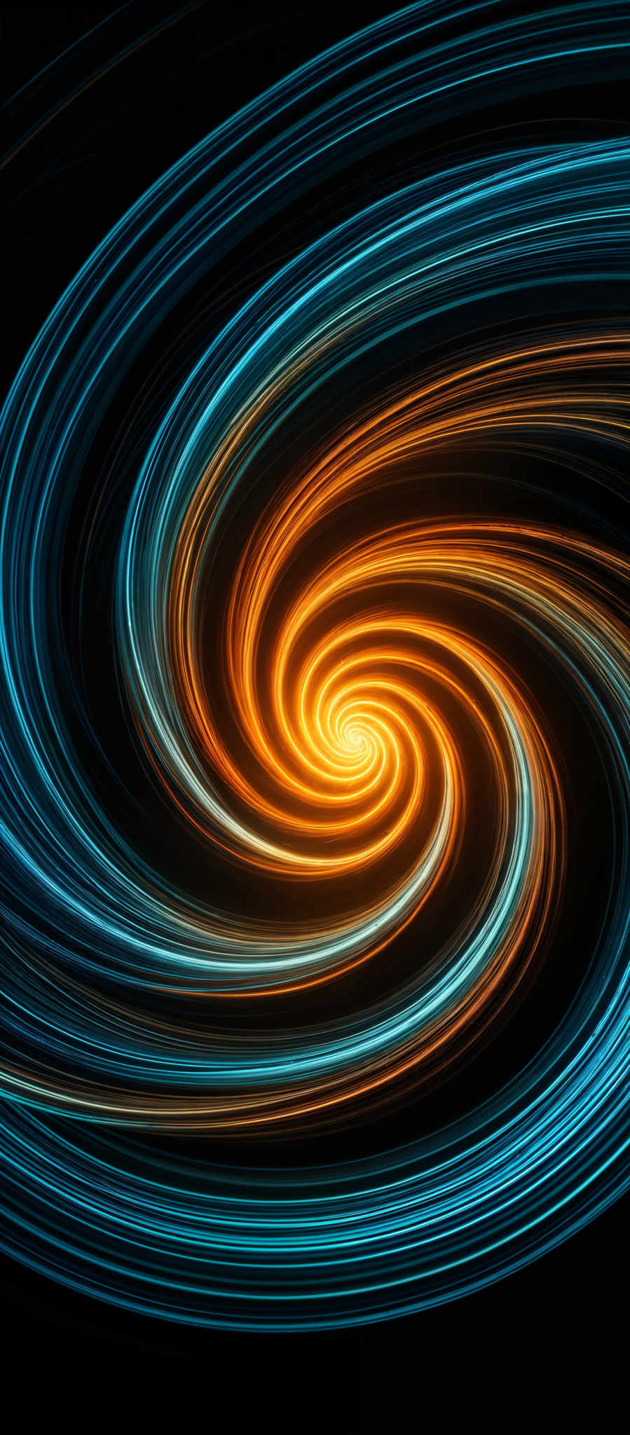 The image showcases a vibrant and mesmerizing swirl of colors. At the center, there's a bright, glowing orange spiral that seems to be emanating light. Surrounding this central spiral are concentric circles of blue and teal, which appear to be moving inwards, creating a sense of depth and dimension. The overall effect is reminiscent of a vortex or a celestial body, with the swirling patterns giving a dynamic and fluid feel to the composition.