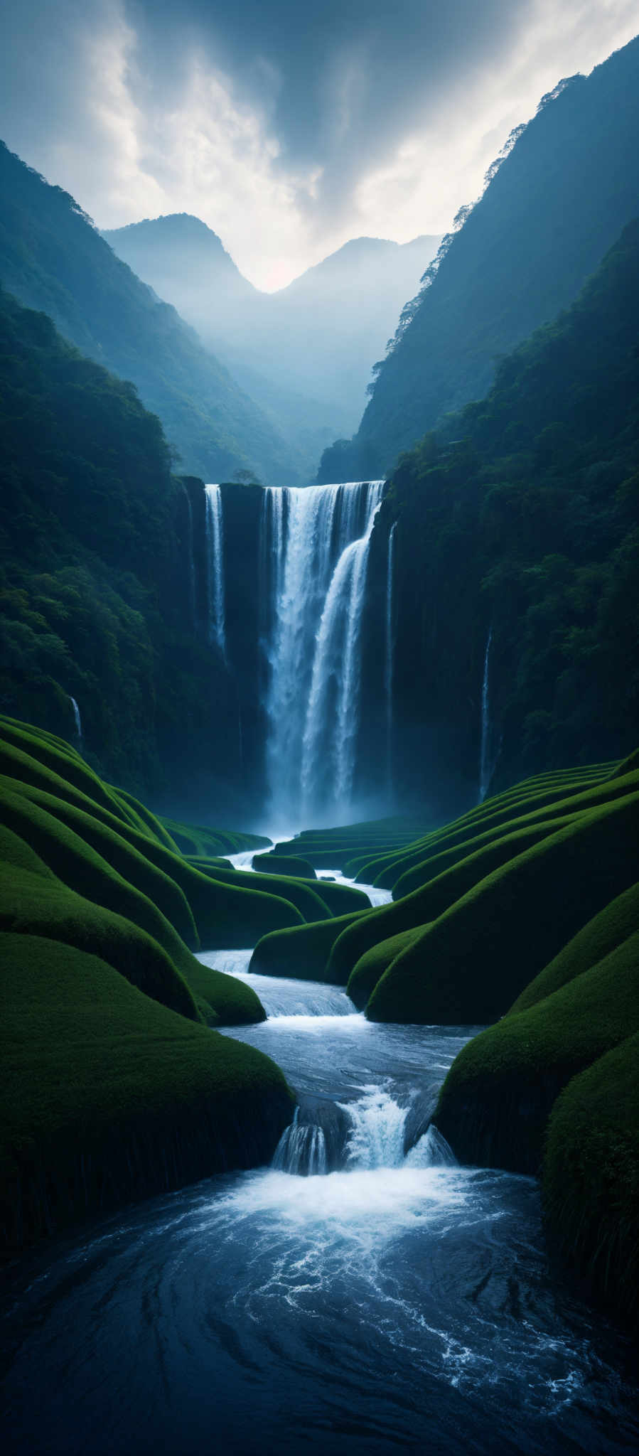 The image showcases a breathtaking landscape with a cascading waterfall in the center. The waterfall is surrounded by lush green hills and dense forests. Below the waterfall, there's a serene river flowing through a series of manicured green fields, creating a beautiful contrast with the natural surroundings. The sky above is overcast with a hint of light peeking through, casting a soft glow on the scene.