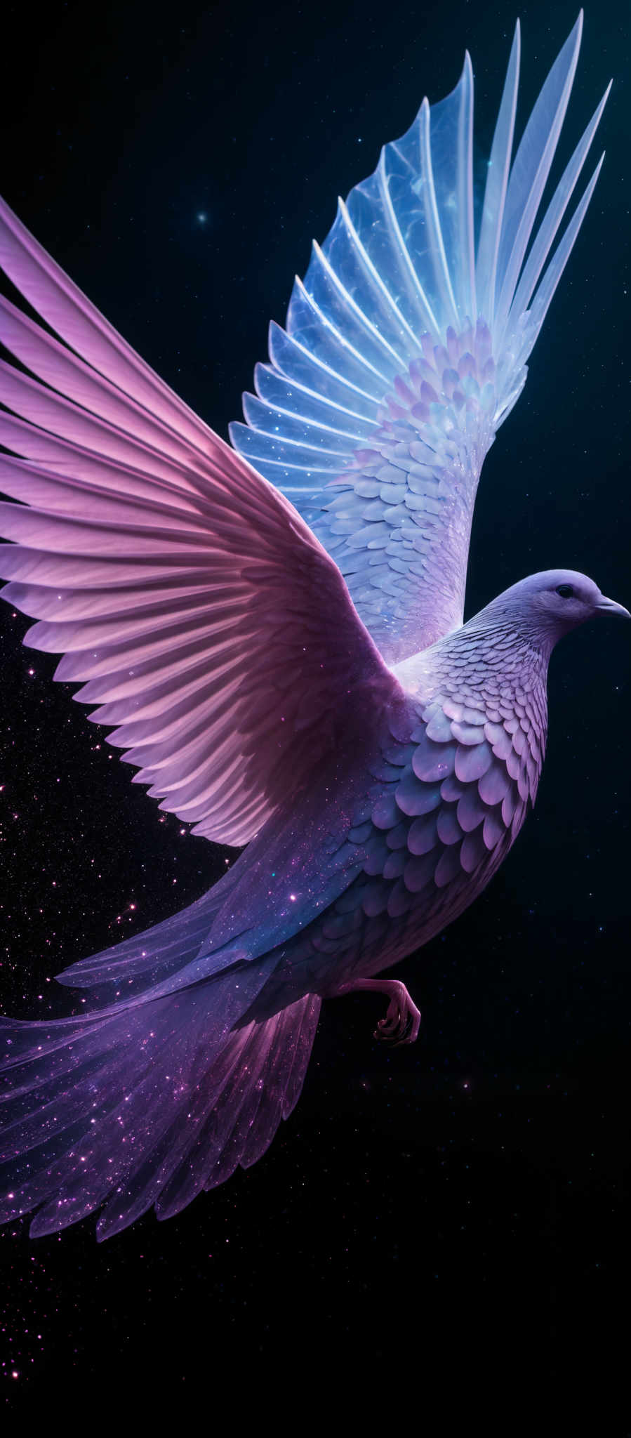 The image showcases a majestic bird, possibly a dove, in mid-flight. The bird's wings are spread wide, displaying a beautiful gradient of colors ranging from deep purples to vibrant blues. The feathers are intricately detailed, with a mix of smooth and textured patterns. The body of the bird is predominantly white, contrasting beautifully with the vibrantly colored wings. The background is dark, with specks of light, possibly representing stars or distant galaxies, adding to the ethereal and mystical ambiance of the scene.