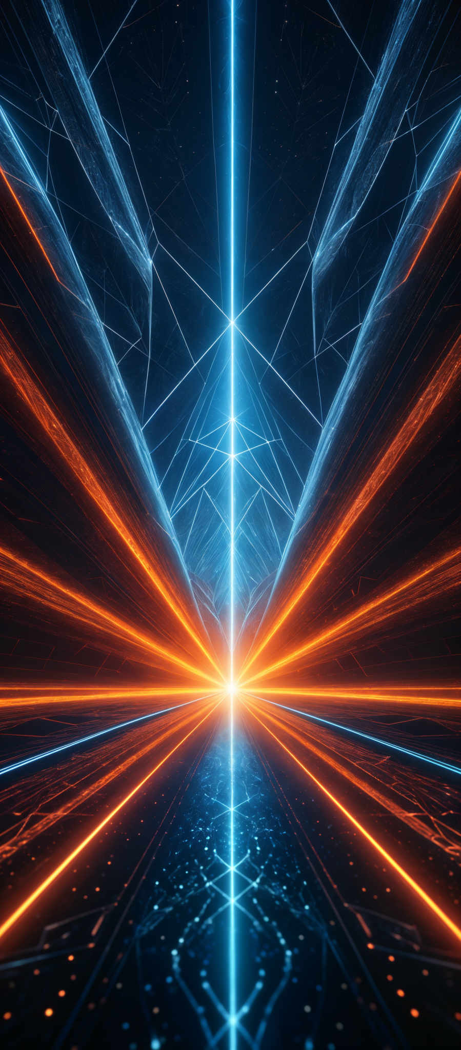 The image showcases a vibrant digital or futuristic scene. It predominantly features a symmetrical design with a central vertical line emitting a bright blue light. Surrounding this central line are intricate geometric patterns, primarily in a blue hue, that resemble a digital or cosmic landscape. On either side of the central line, there are radiant streaks of orange and red light, creating an illusion of depth and dimension. The entire scene is set against a dark background, accentuating the brightness of the lights.