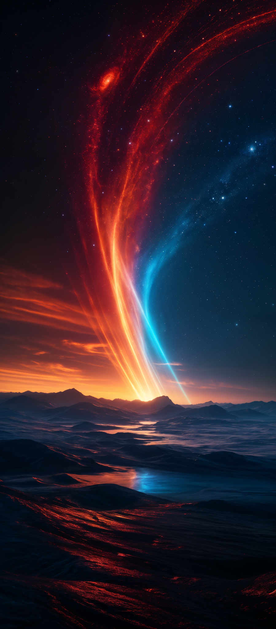 The image showcases a breathtaking celestial scene. Dominating the upper portion is a vibrant display of red and blue light, reminiscent of a solar flare or cosmic event. This light arcs gracefully across the dark expanse of space, creating a stark contrast with the deep blue backdrop. Below, a serene landscape unfolds with undulating hills and a calm body of water reflecting the fiery glow. The horizon is painted with hues of orange and red, suggesting either a sunrise or sunset. The sky is dotted with stars, adding to the ethereal beauty of the scene.